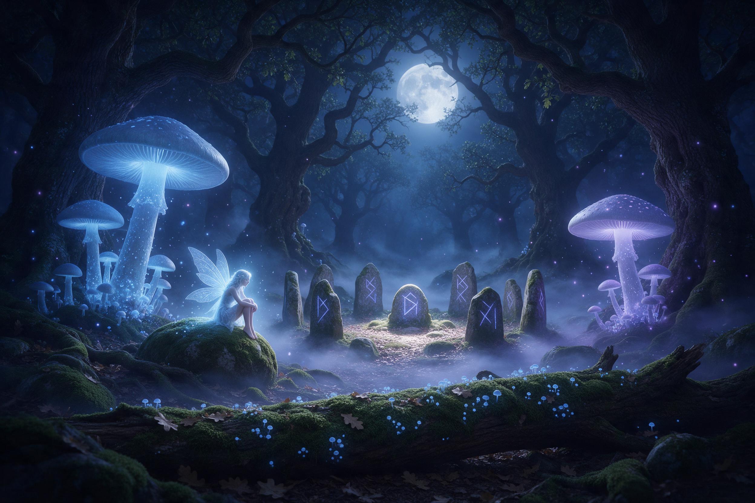 A moonlit forest clearing with towering bioluminescent mushrooms casting soft blue and purple light on a small stone circle, ancient moss-covered runes glowing faintly, ethereal mist weaving through ancient oaks, a tiny glowing faerie perched on a mossy rock, deep shadows at the edges, dreamy atmosp