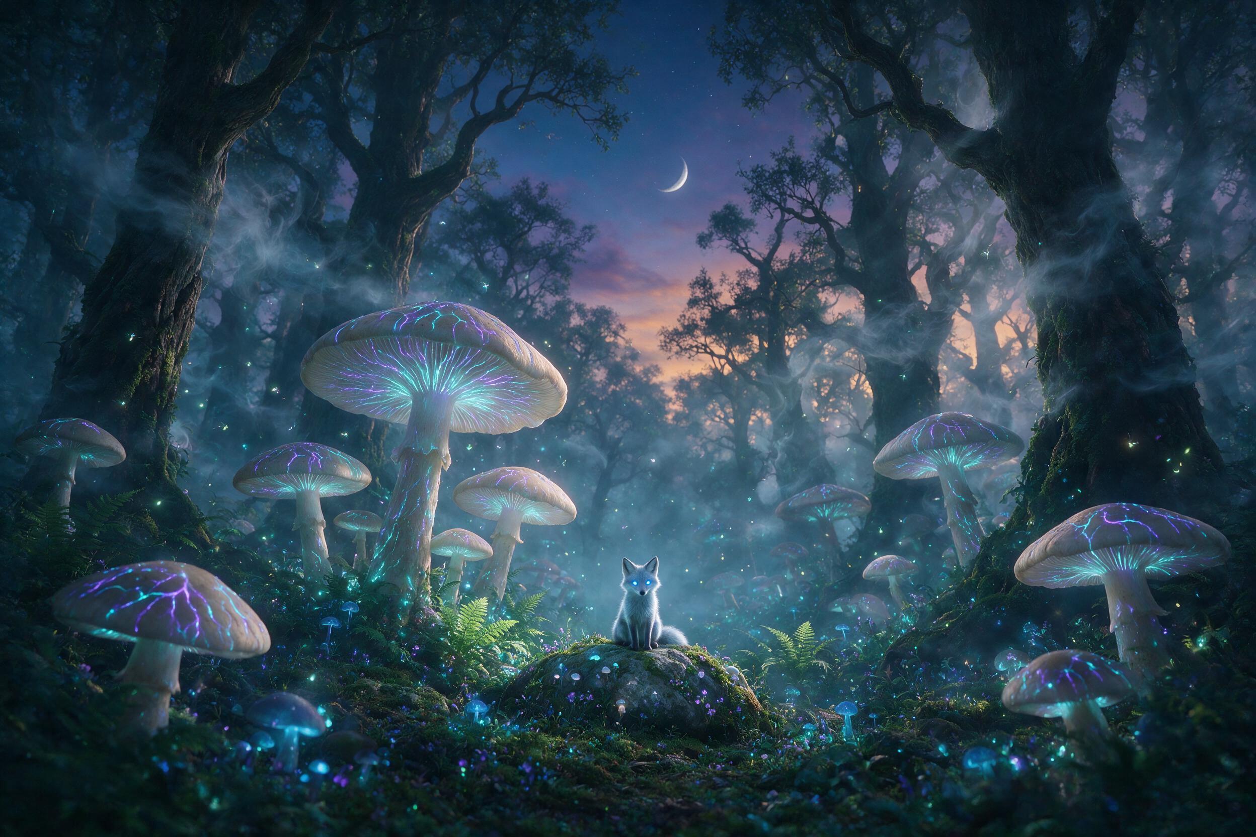 A glowing bioluminescent forest at twilight, giant mushrooms with cyan and purple veins, mist curling between ancient gnarled trees, a small silver fox with luminous blue eyes sitting on a mossy rock, fireflies drifting in the air, soft volumetric light rays, ethereal atmosphere, shallow depth of fi