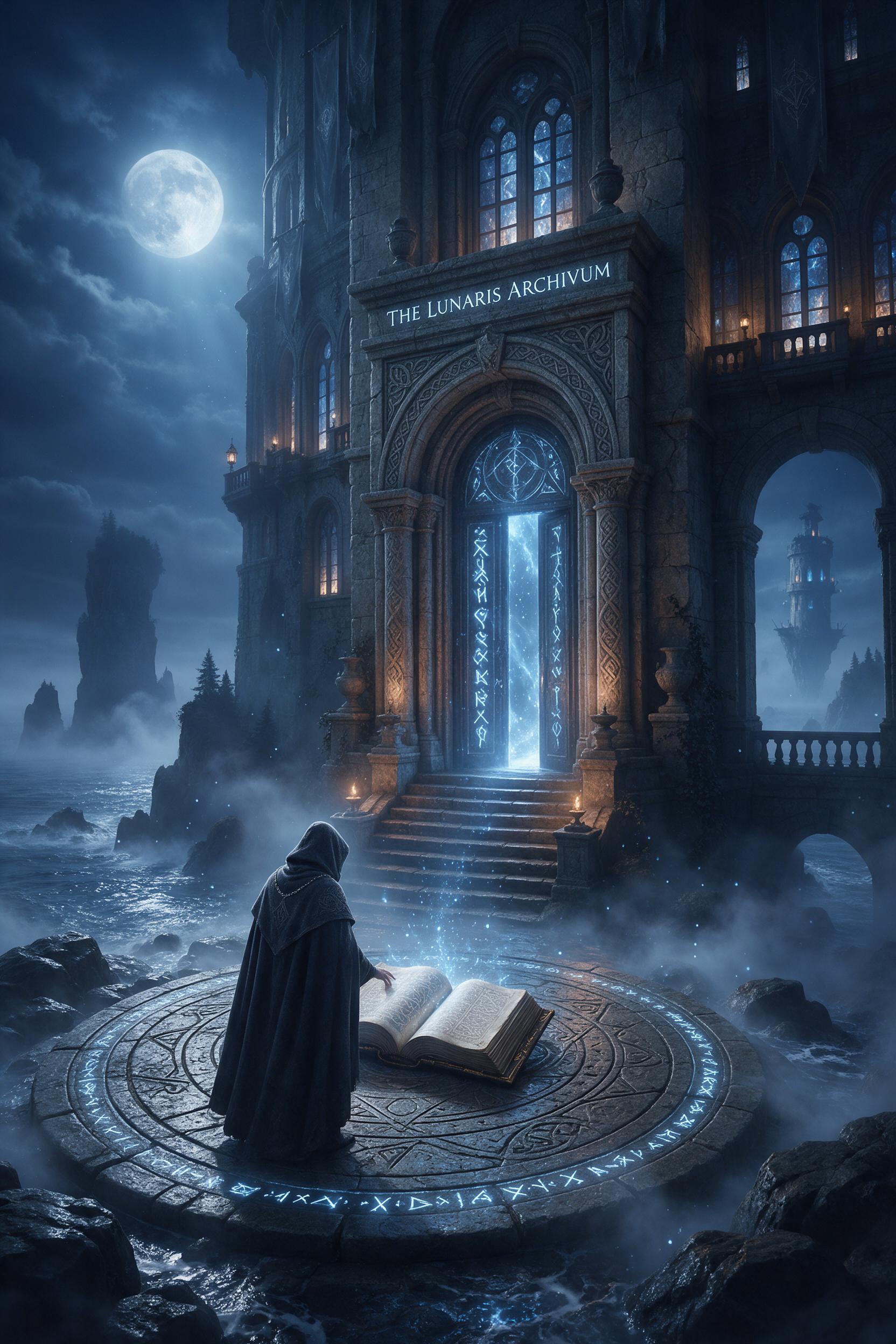 A moonlit ancient library floating on a misty sea, glowing runes on the stone walls, a cloaked figure reading a giant tome, soft blue magical light, dramatic perspective, ethereal atmosphere