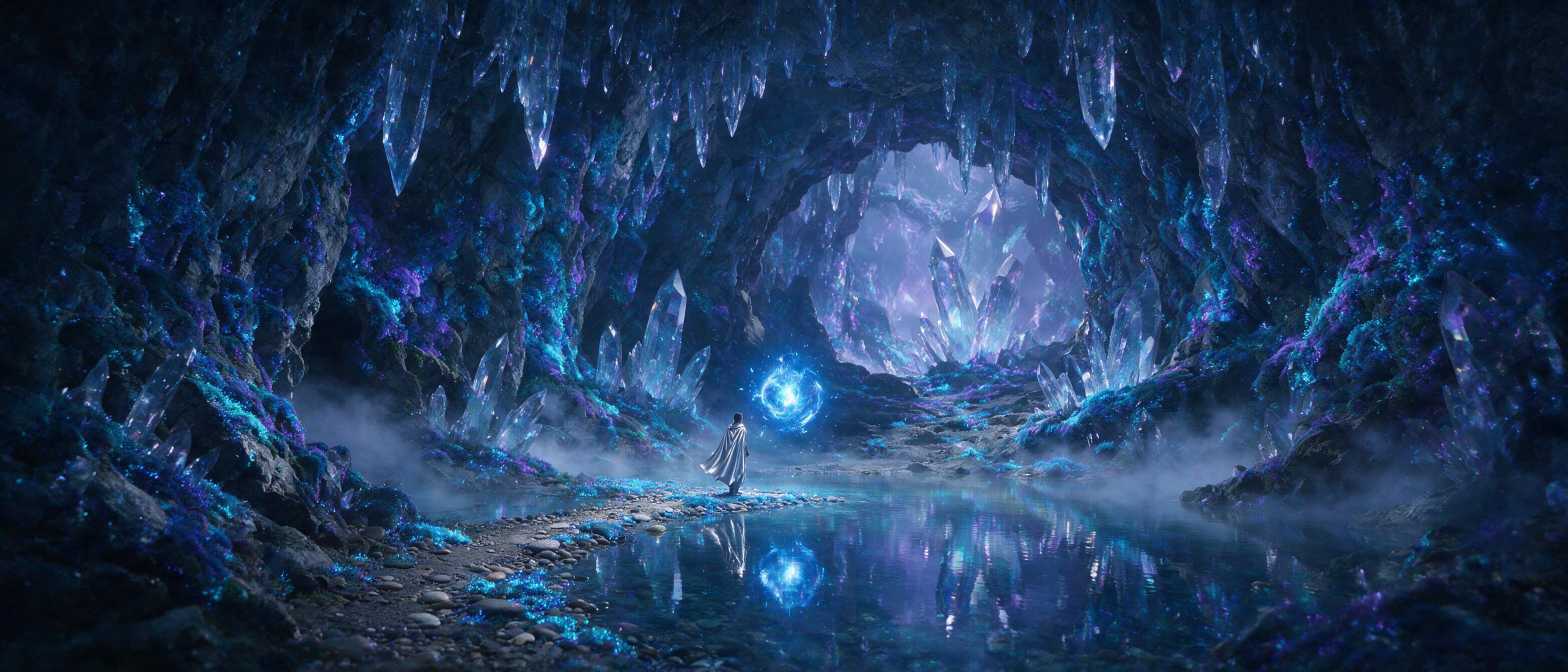 A luminous crystal cave deep underground, glowing bioluminescent moss covering jagged walls, a lone figure in a flowing silver cloak stands before a floating orb of blue light, subtle mist rising from a still pool, soft blue and purple hues, ethereal atmosphere, cinematic composition with leading li