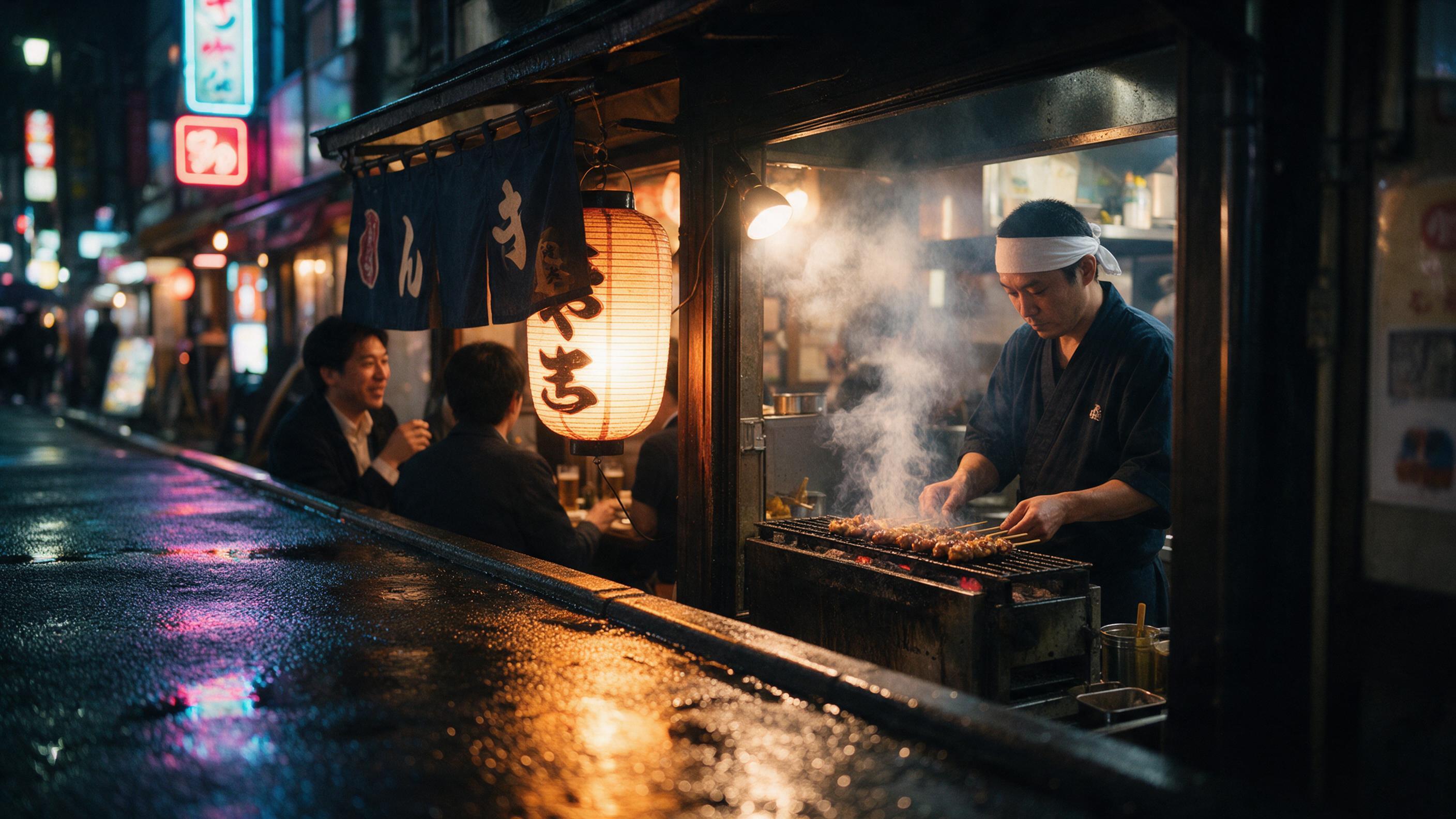 A rainy evening at a Tokyo izakaya, warm lantern light spilling onto wet asphalt, reflections of neon signs, a chef grilling yakitori, steam rising, customers chatting under a noren curtain, shallow depth of field, natural handheld feel