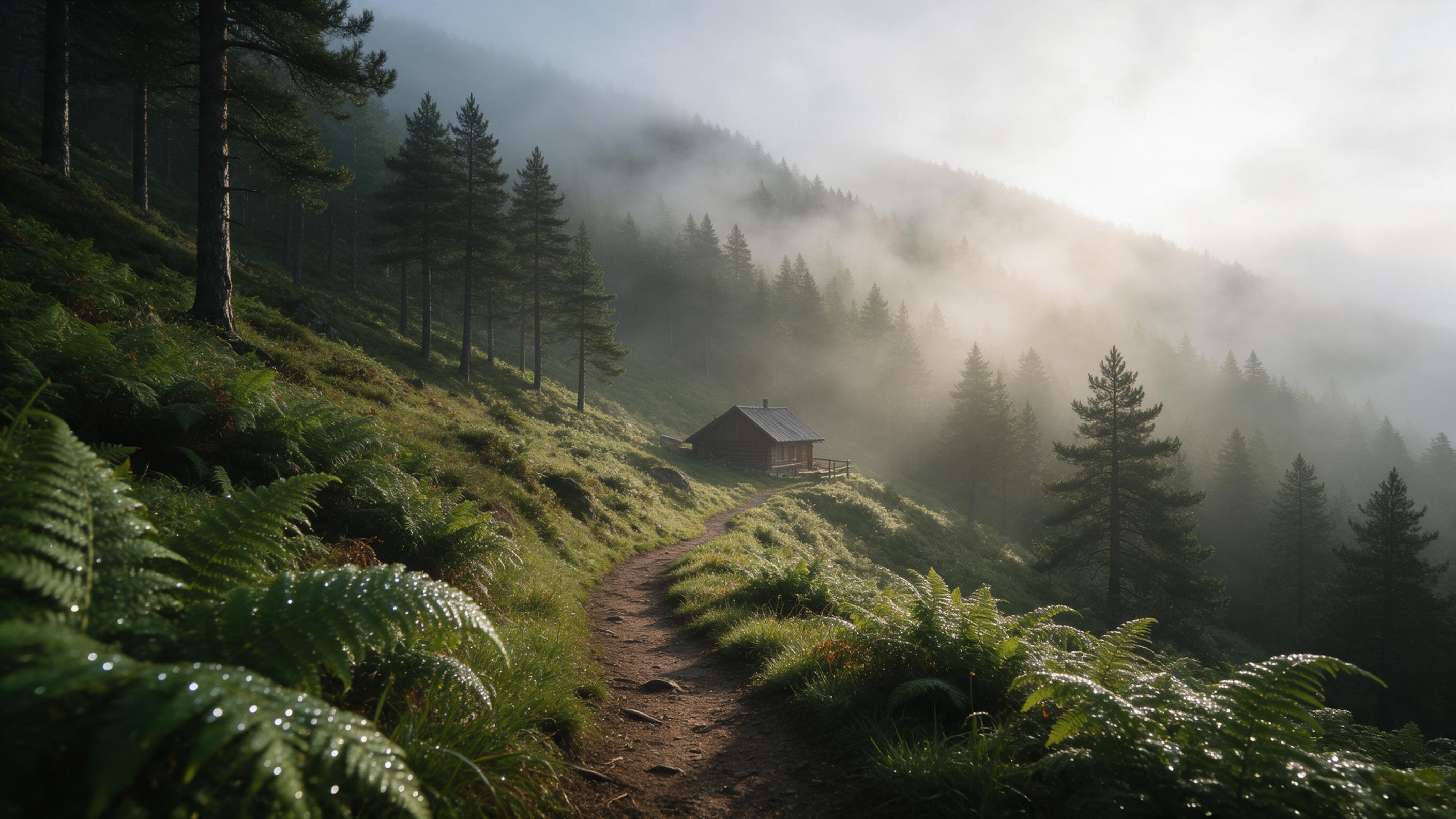 Morning mist shrouds a dense pine forest on a steep mountainside, soft golden sunlight piercing through fog, a narrow winding dirt trail leading to a distant wooden cabin, dew-covered ferns in the foreground, high dynamic range with subtle haze, natural diffused lighting, sharp focus on the path, se