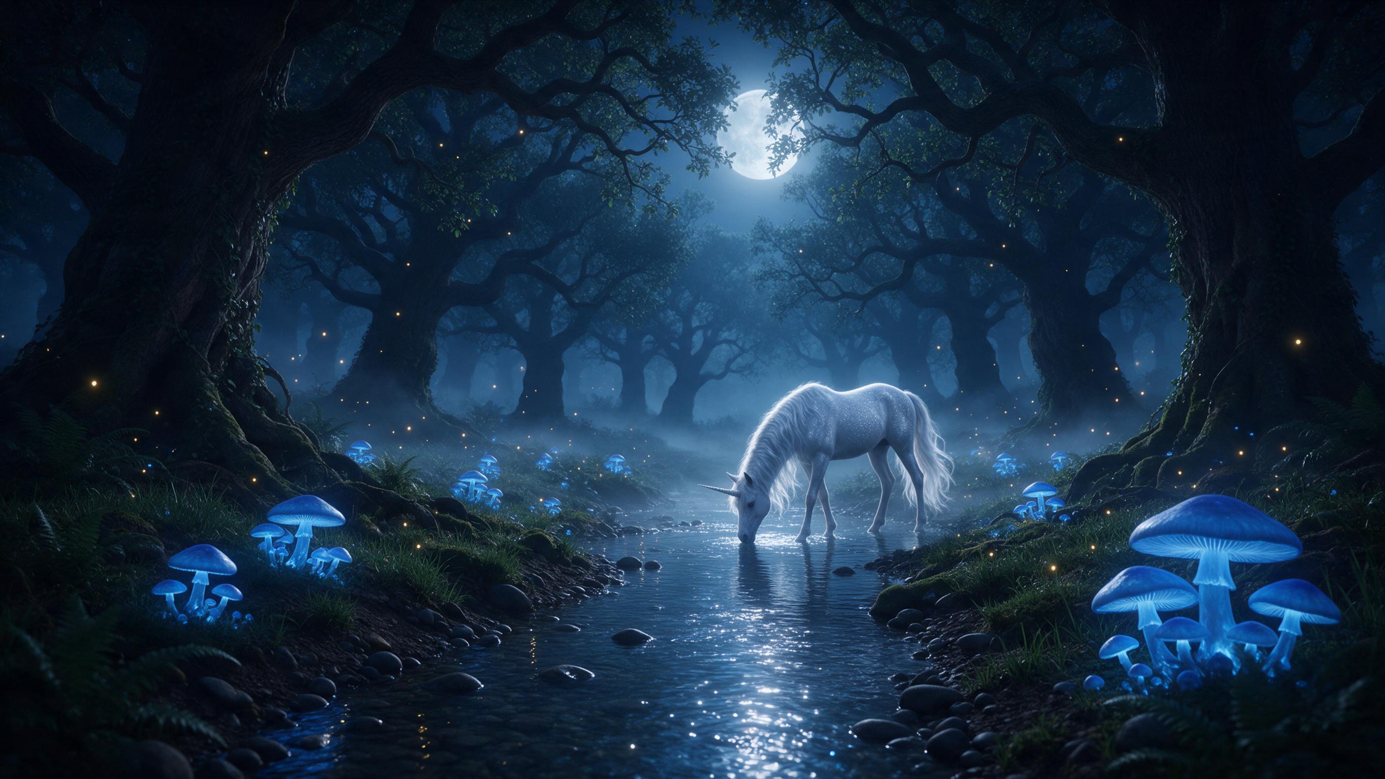 A moonlit forest glade with glowing blue mushrooms, a silver unicorn drinking from a crystal stream, fireflies, mist, ancient oak trees, soft ethereal light, gentle fog, cinematic composition, surreal atmosphere