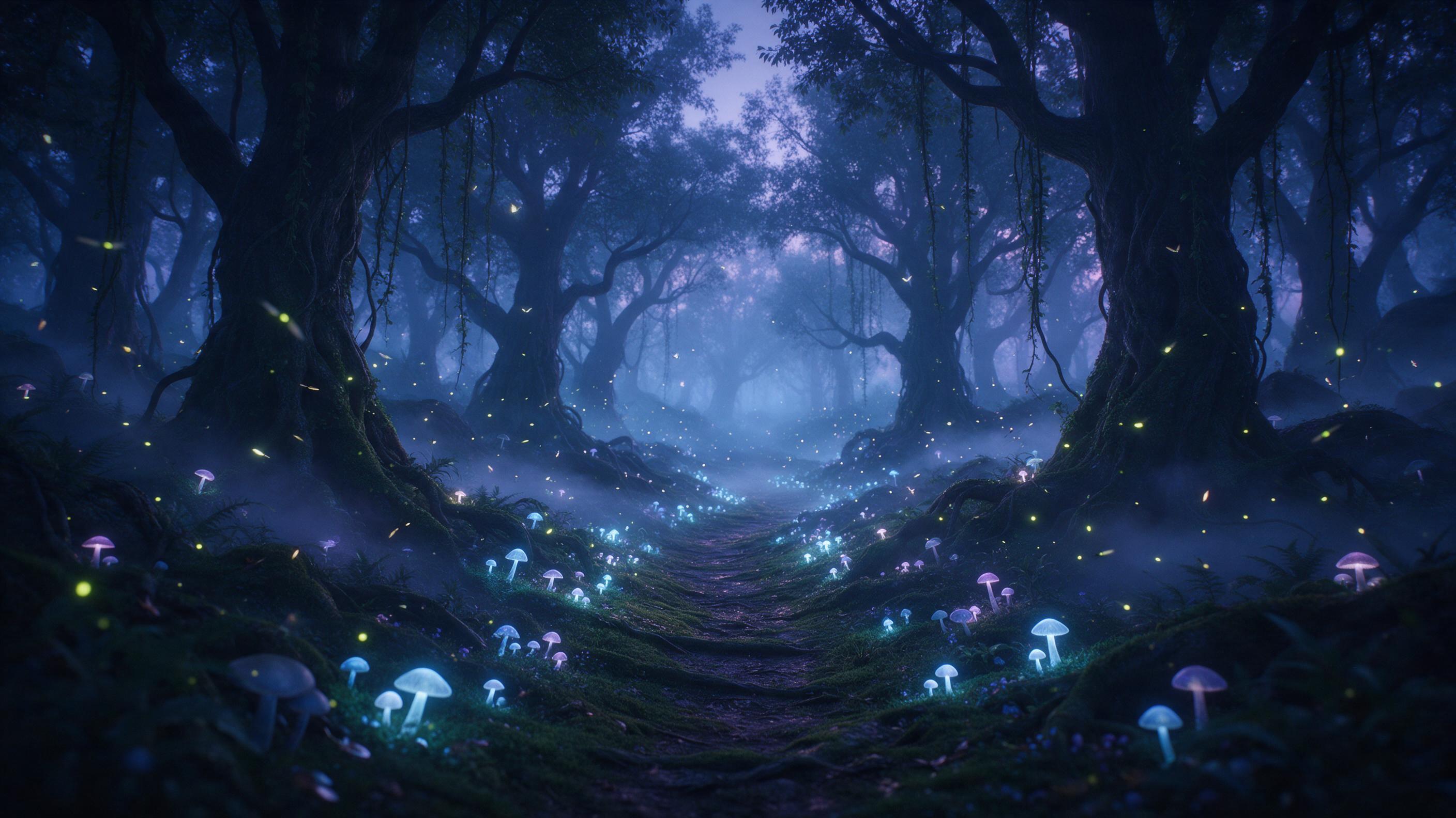 Enchanted forest at twilight, bioluminescent mushrooms glowing along a winding mossy path, ancient gnarled trees with hanging vines, fireflies dancing in the air, mist drifting low between roots, soft blue and violet light, fog filters the distant canopy, camera on a tripod, slow shutter creating a 