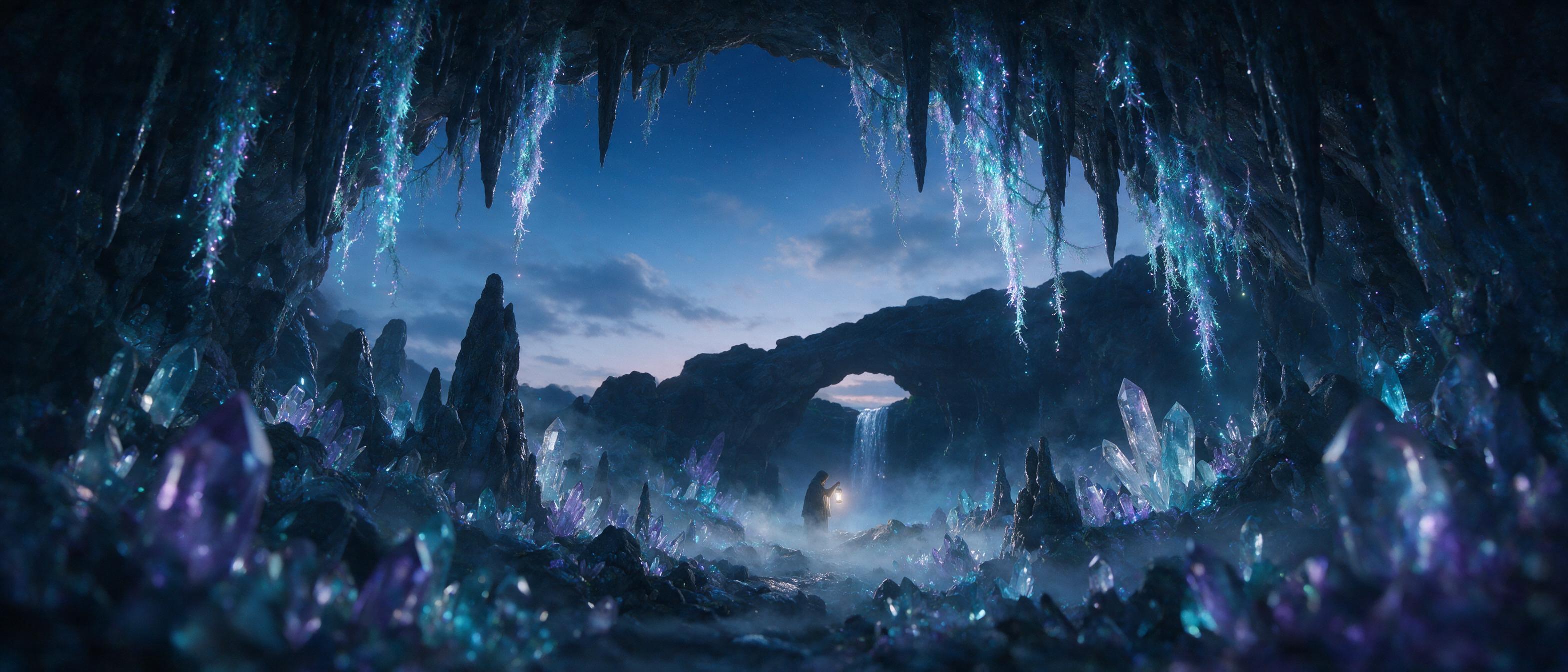 A glowing crystal cavern beneath a twilight sky, bioluminescent moss dripping from stalactites, a lone hooded figure holding a lantern, soft mist weaving between jagged rocks, ethereal blue and purple light, shallow depth of field with foreground crystals blurred, hint of a distant waterfall