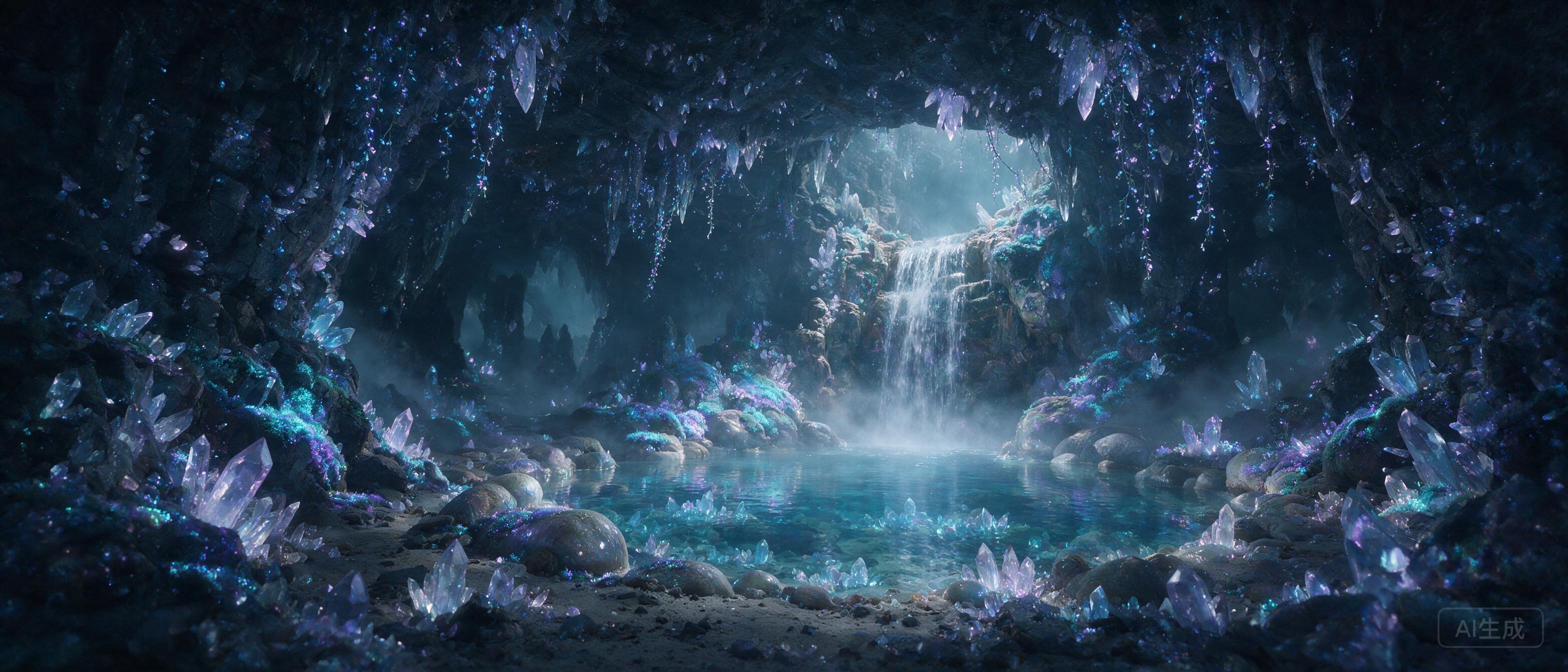 A luminous crystal cave deep underground, bioluminescent moss and vines glow in soft blue and purple, a gentle waterfall cascades into a clear pool, misty atmosphere, dim ambient light from crystals, slight fog, cinematic composition, serene and mysterious mood.