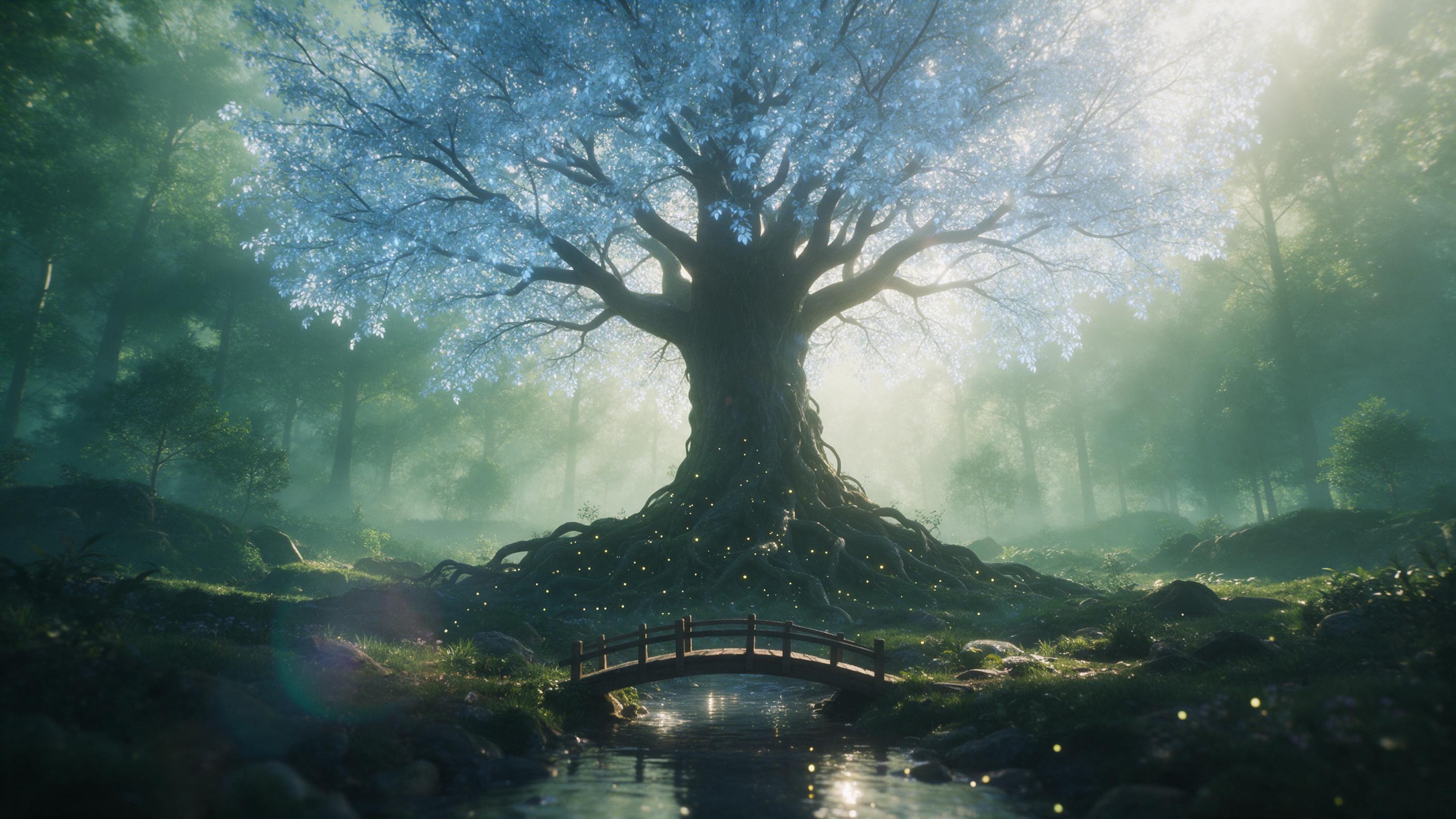 In a misty emerald forest, a giant ancient tree with leaves glowing pale blue stands at the center, its roots intertwined with small fireflies. A tiny wooden bridge arcs over a reflective stream in the foreground, with soft fog catching golden morning light, subtle lens flare, muted colors, serene a