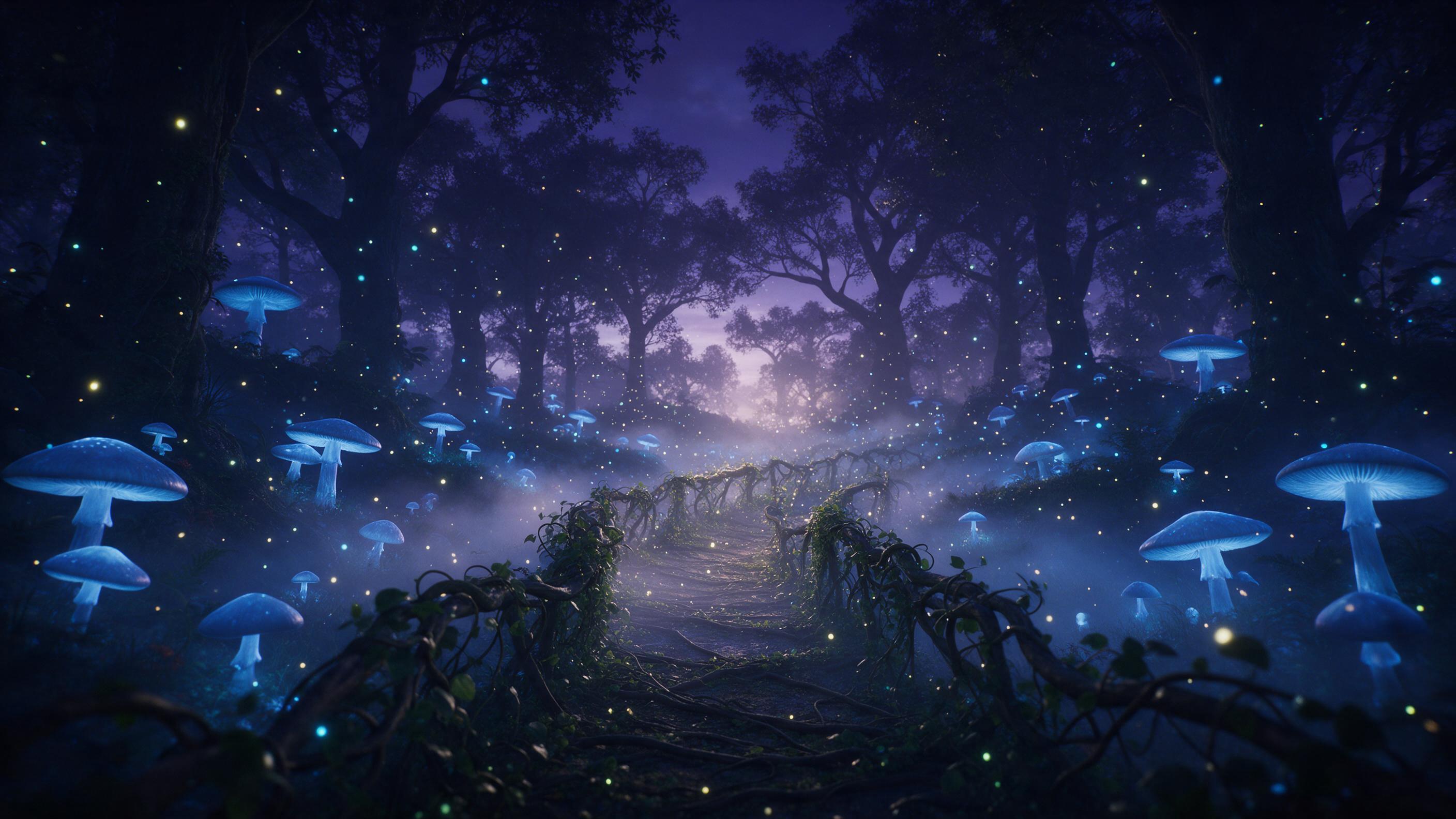 A bioluminescent forest at twilight, giant glowing blue mushrooms and winding, vine-covered paths, drifting firefly-like particles, soft fog hugging the ground, silhouettes of ancient trees against a deep purple sky, gentle backlighting, ethereal atmosphere, composition with a winding path leading t