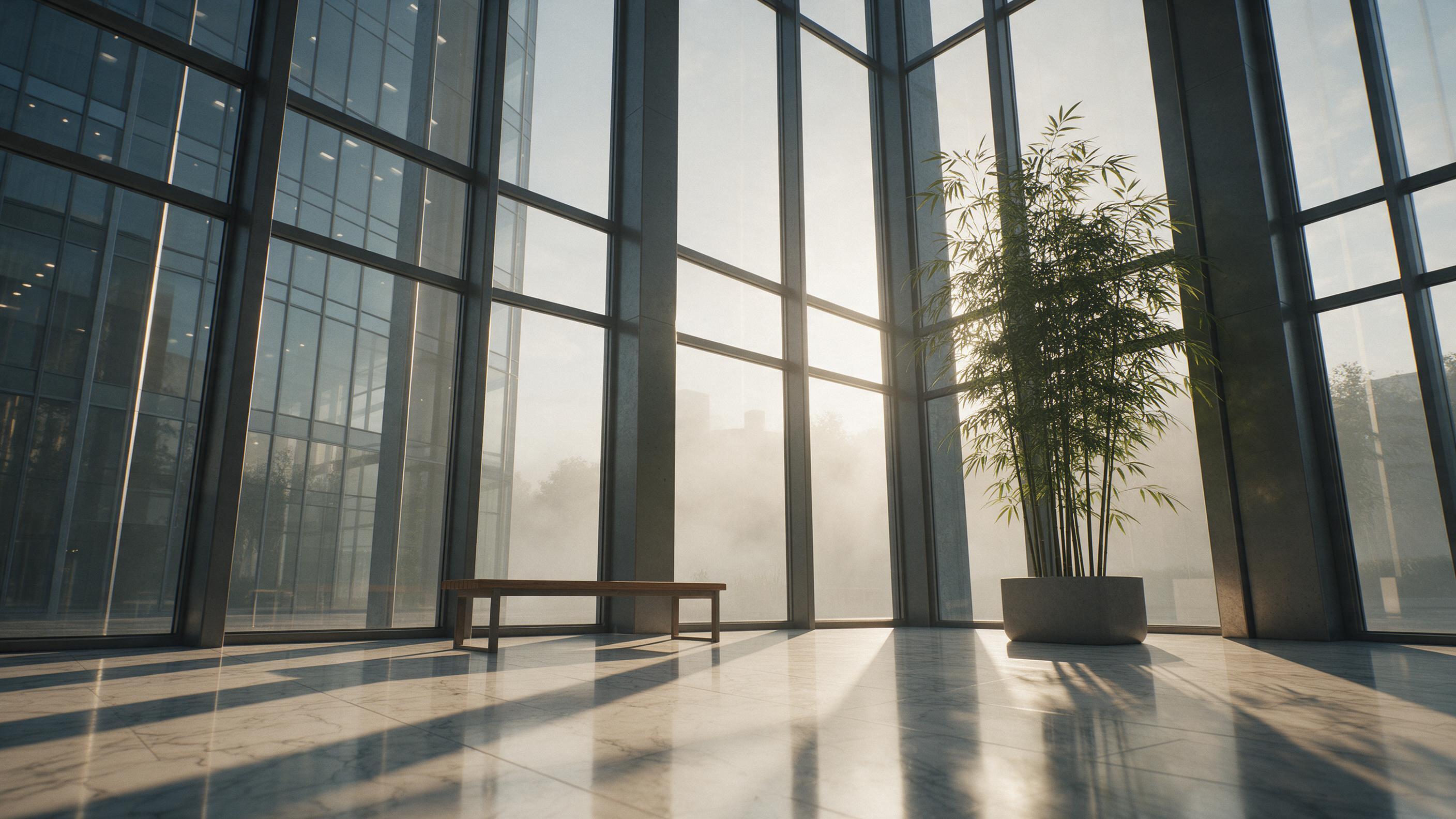 A foggy morning in a modern glass and steel skyscraper lobby, with warm sunlight casting long shadows on polished marble floors, minimalist interior with a single wooden bench and a large indoor bamboo plant, soft mist outside the panoramic windows, cinematic composition from a low angle, muted colo