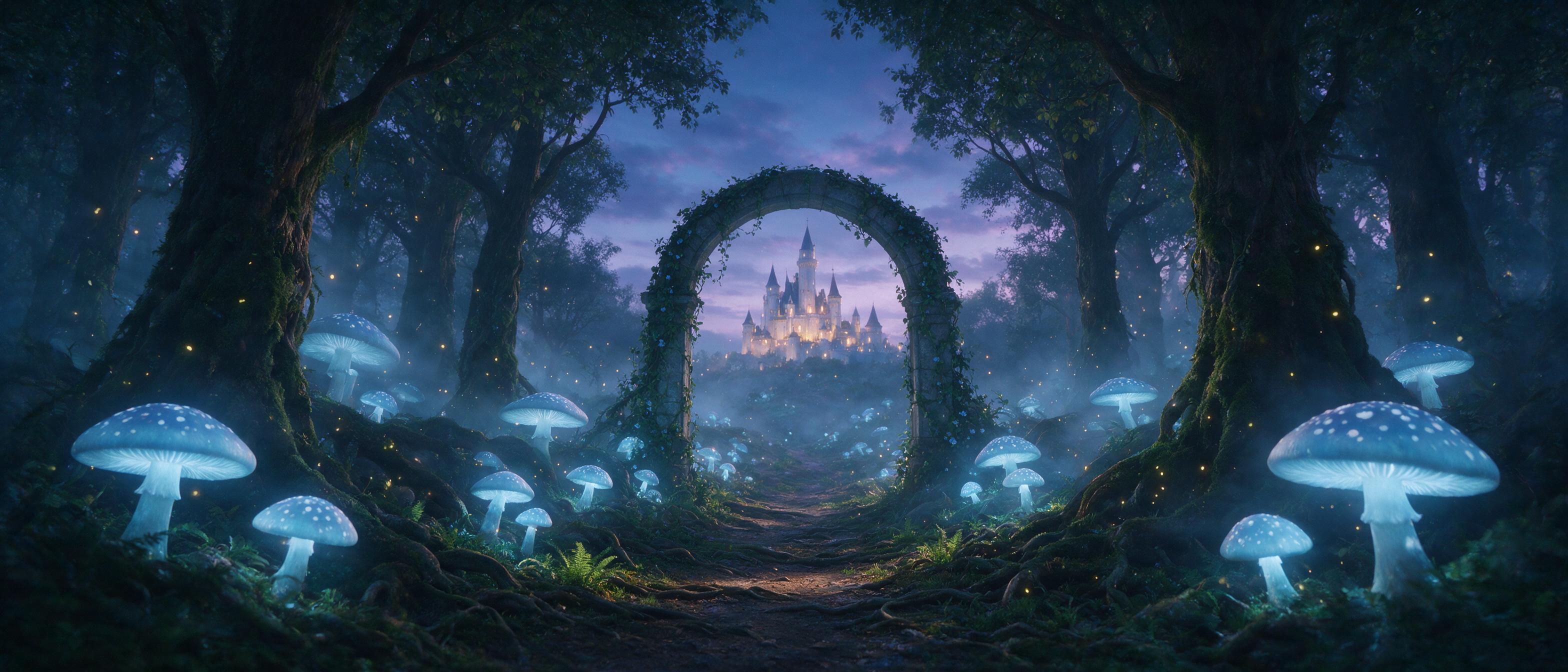 A misty bioluminescent forest at twilight, where giant glowing mushrooms cast pale blue light on winding roots, fireflies drift like embers, a hidden stone archway reveals a distant shimmering castle, soft fog, cinematic composition with a narrow path leading the eye inward.
