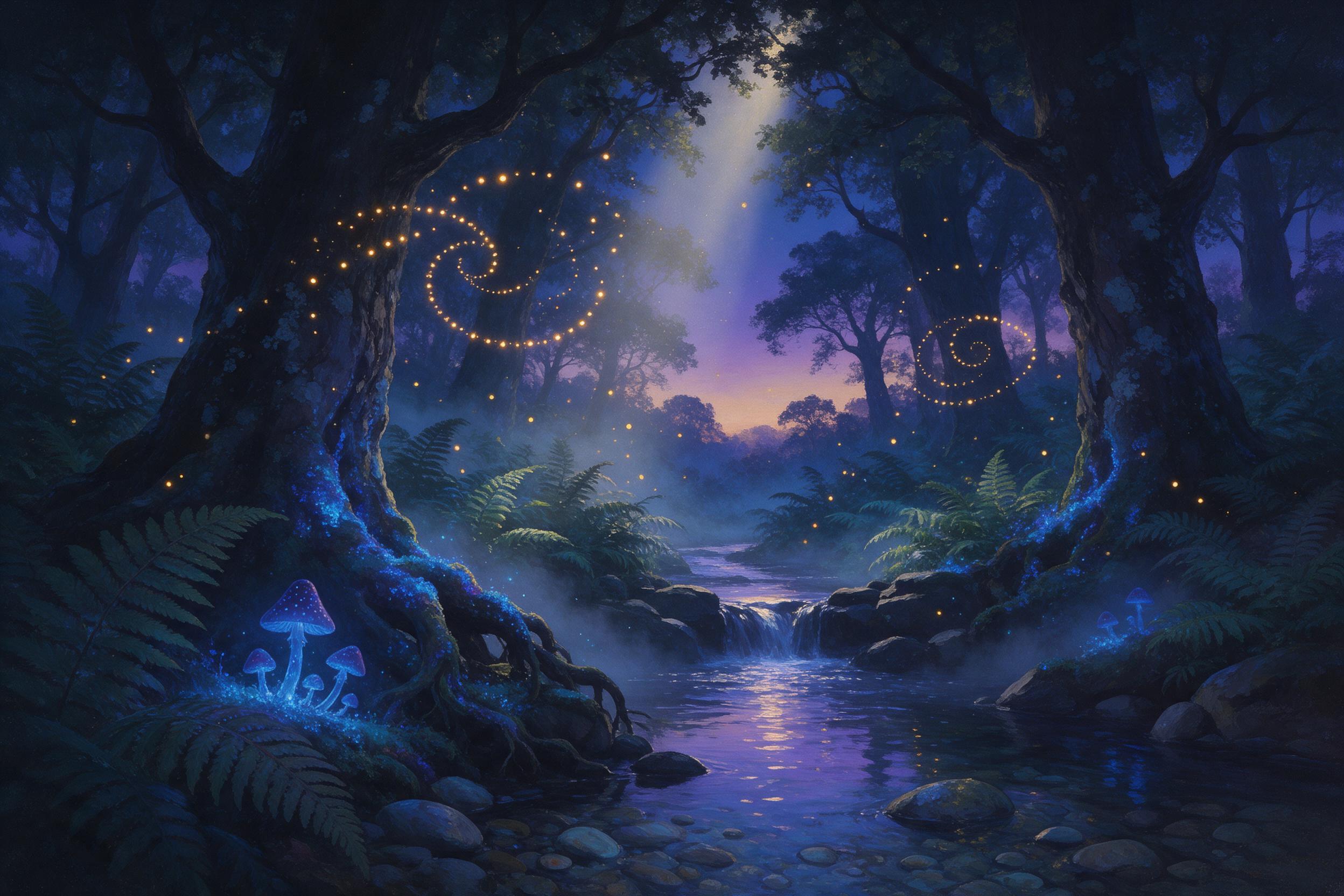 A bioluminescent forest at twilight, towering ancient trees with glowing blue moss, fireflies swirling in golden spirals, a crystal-clear stream reflecting violet and teal light, mist weaving between ferns, soft volumetric rays, fantasy atmosphere, painterly detail