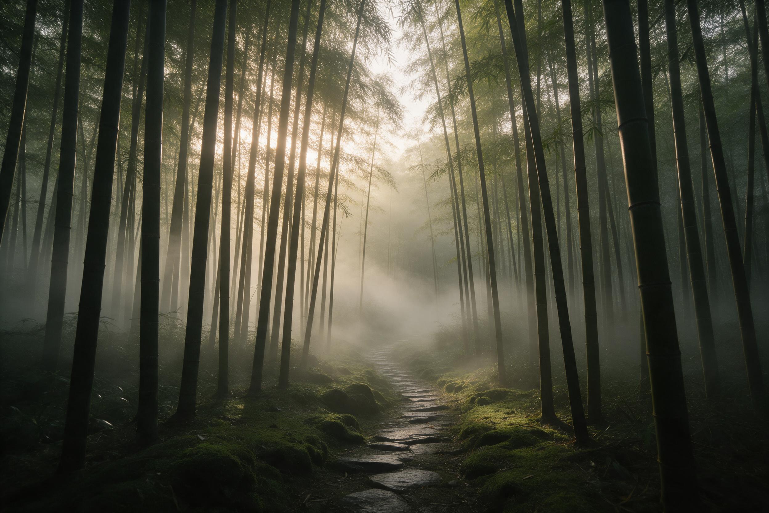 A misty bamboo forest at dawn, soft golden light filtering through tall stalks, a narrow stone path winding into the distance, damp moss covering the ground, gentle fog curling between trunks, the air feeling still and quiet, muted green and amber tones, wide-angle composition, natural morning atmos