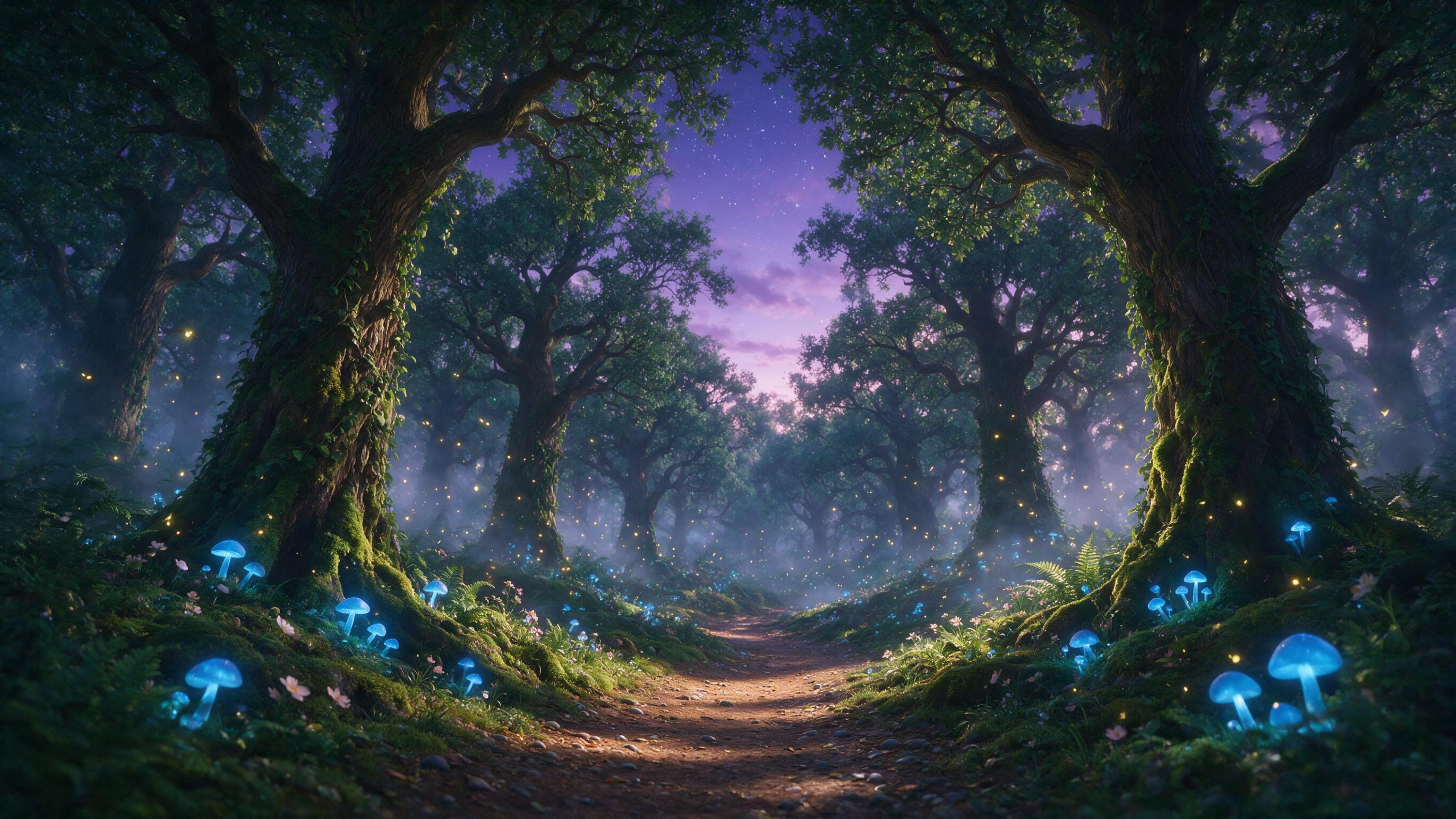 A luminous forest at twilight where glowing blue mushrooms and floating fireflies illuminate a winding path, soft mist between ancient oak trees, gentle dappled light filtering through the canopy, ethereal atmosphere with subtle color gradients from deep violet to emerald green, dreamlike and serene