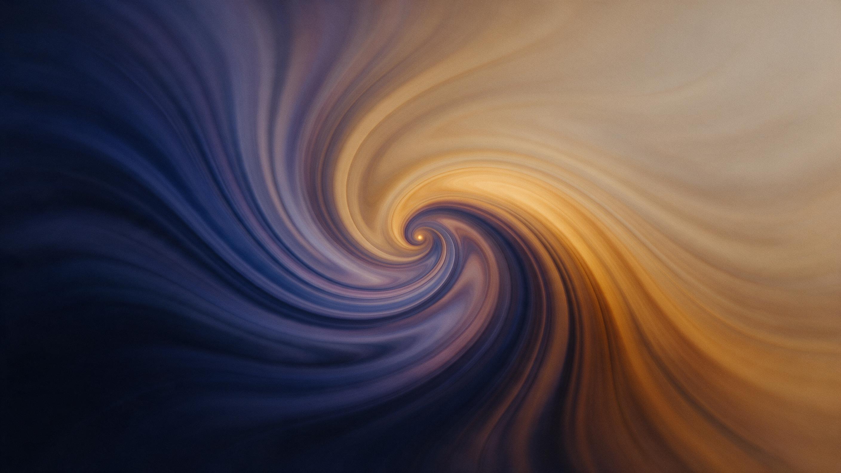 Swirling gradients of deep indigo and warm amber, fluid shapes merging into a central vortex, soft diffused light from above, minimalist composition with negative space, smooth matte texture, slight grain for depth