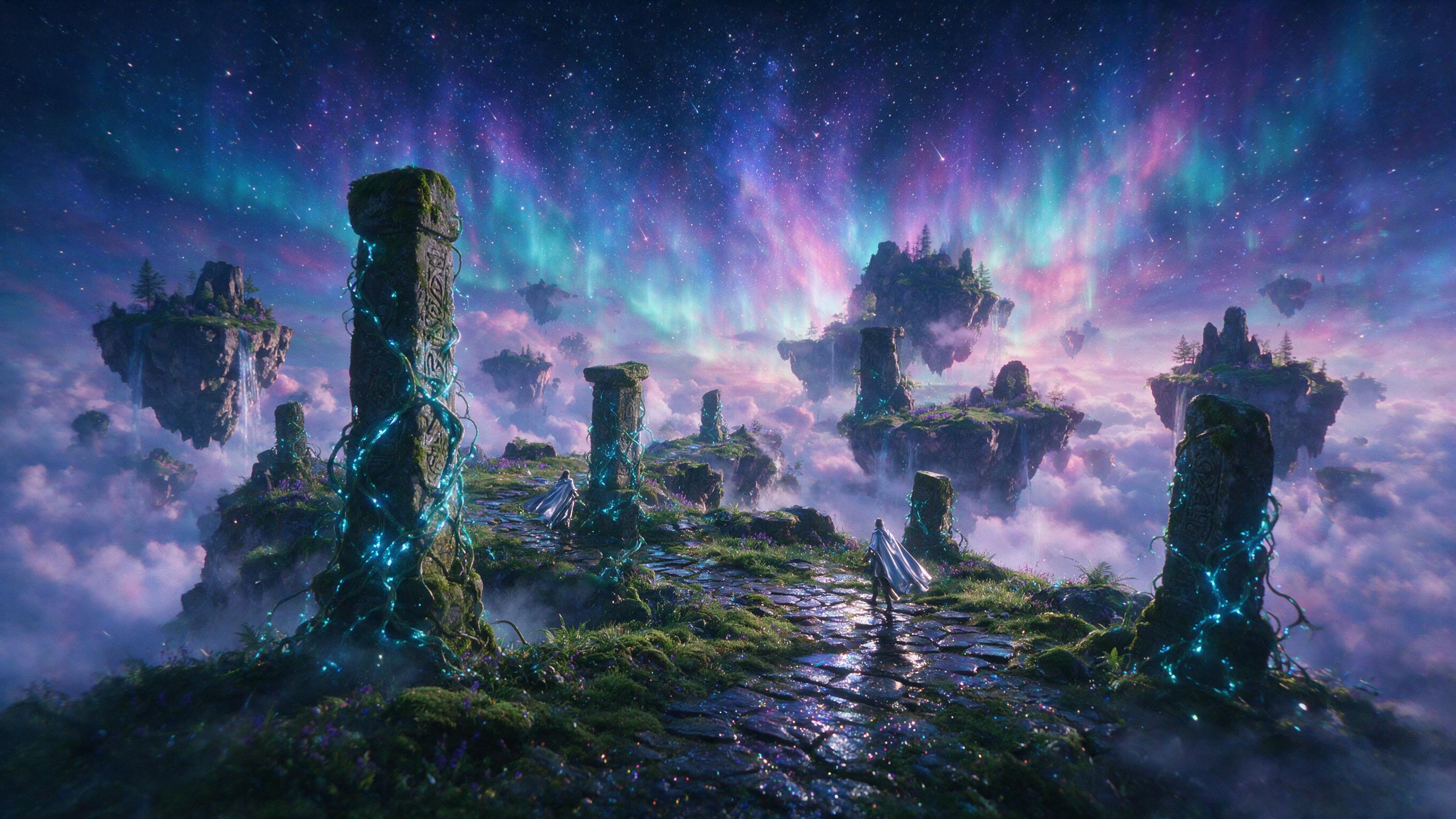 A lone figure in a flowing silver cloak stands on a floating island under a neon aurora, glowing bioluminescent vines wrap around ancient stone pillars, soft mist drifts below, rain-slicked path reflects shimmering stars, cinematic composition, dramatic side lighting, subtle grain, slight camera sha