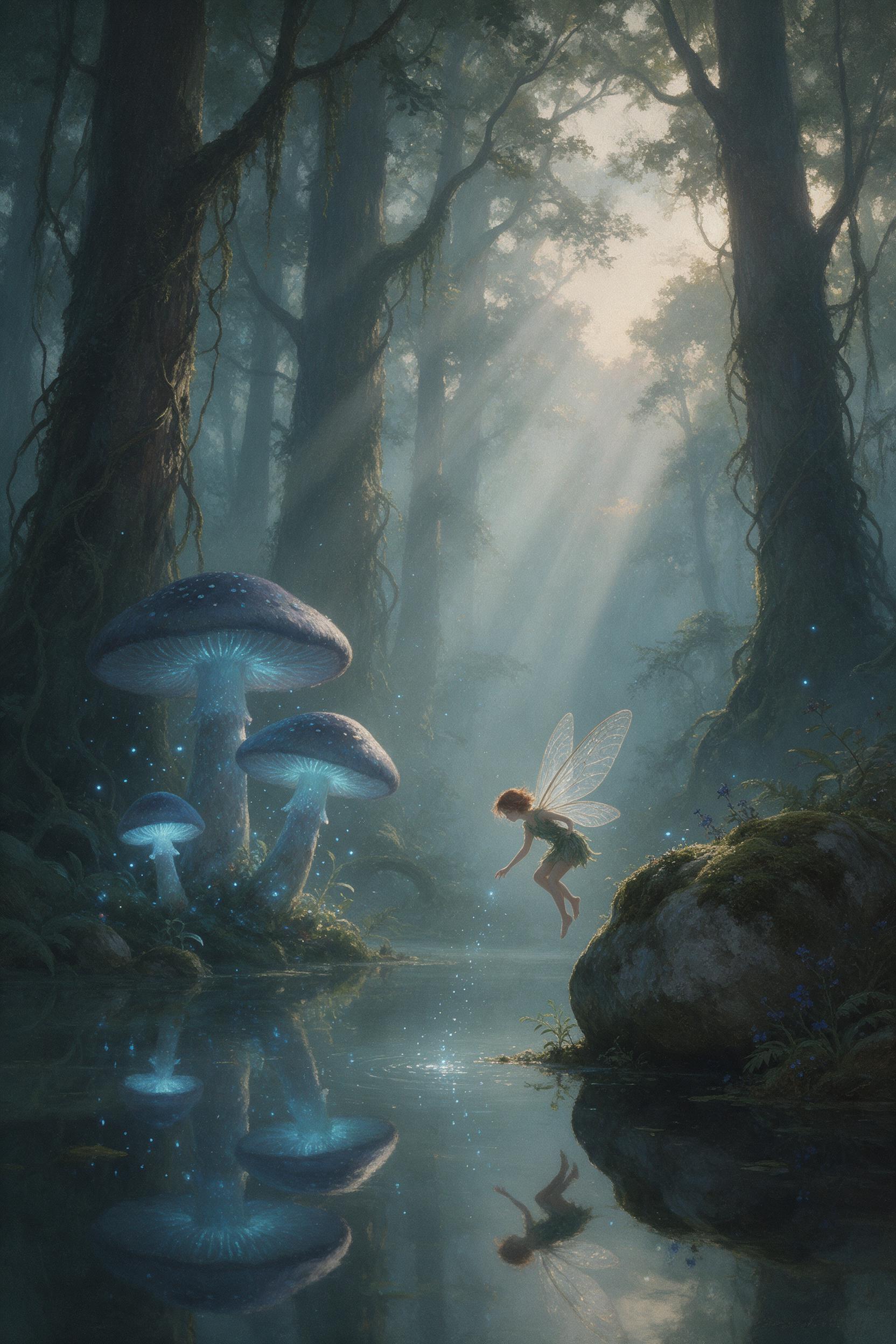 A misty ancient forest at dawn, giant bioluminescent mushrooms casting soft blue light, a small fairy with translucent wings hovering near a mossy stone, ethereal god rays piercing through dense canopy, reflections in a still pond, muted greens and teals, painterly style with subtle texture
