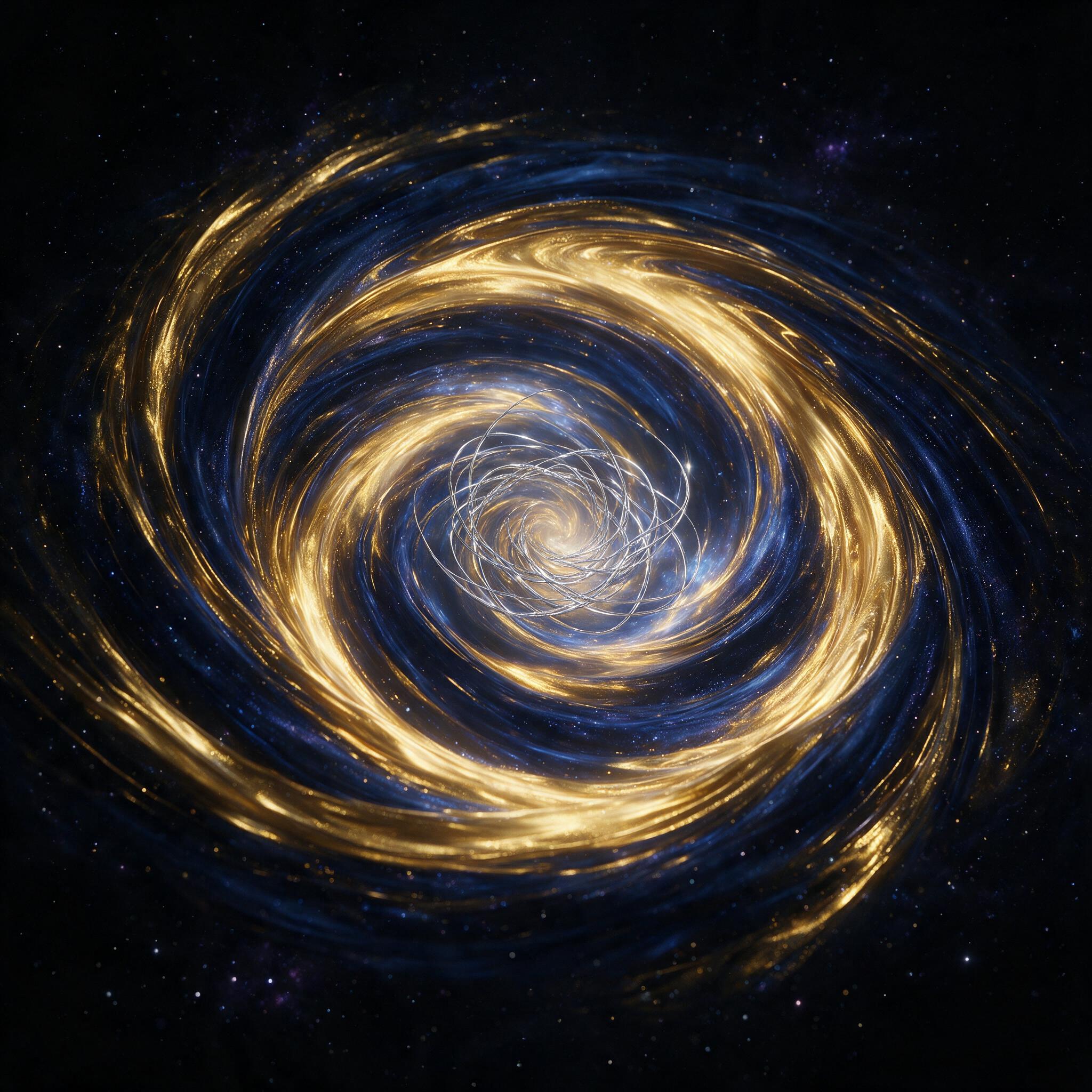 A swirling vortex of molten gold and deep indigo, slowly spinning in a dark void, with delicate silver threads weaving through the center, illuminated by a soft, ethereal glow from within, creating a sense of infinite depth, minimal and mesmerizing.