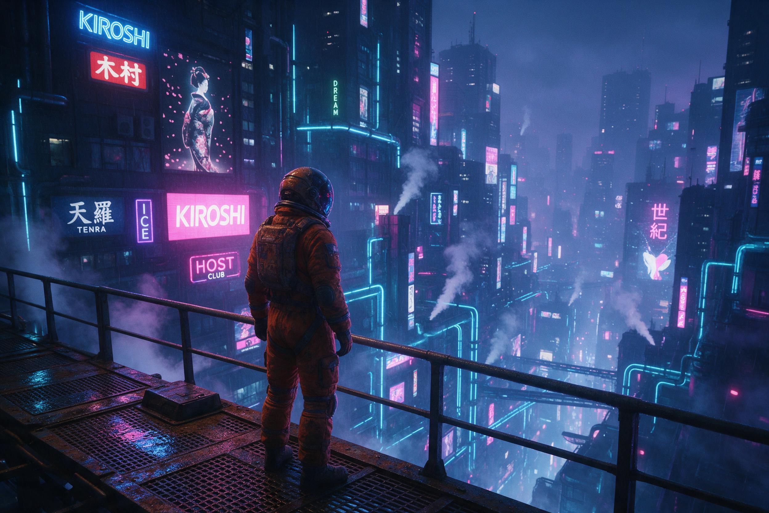 A lone astronaut in a weathered orange spacesuit stands on a rusted metal catwalk, overlooking a vast canyon of glowing neon pipelines and holographic ads in a rain-soaked megacity. Blue and magenta lights reflect on wet surfaces, with steam rising from vents. Slight motion blur from swirling fog, l