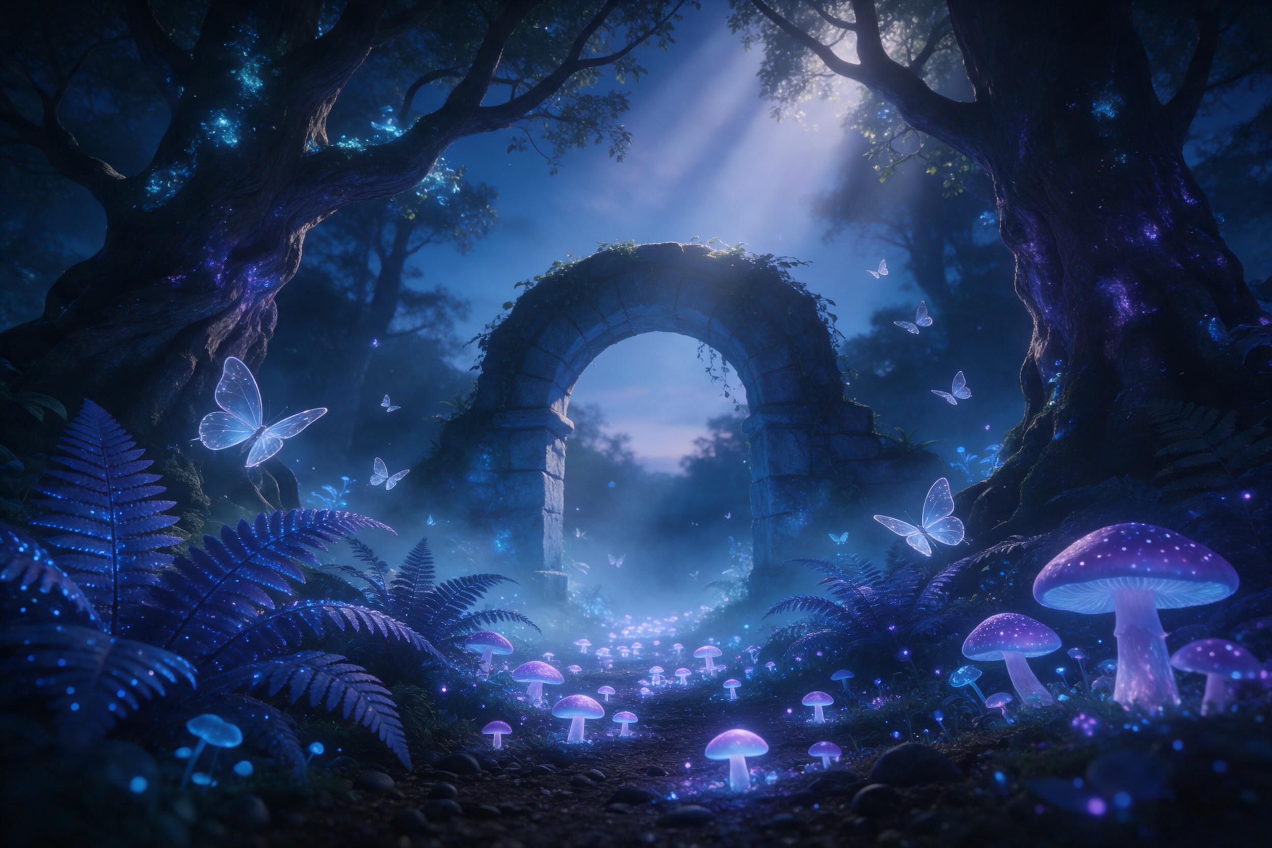 A mystical forest with towering luminescent trees casting soft blue and violet glow, gentle mist weaving through giant ferns, a path of glowing mushrooms leading to an ancient stone archway, ethereal butterflies with transparent wings fluttering, dim twilight, volumetric light from above, serene mag