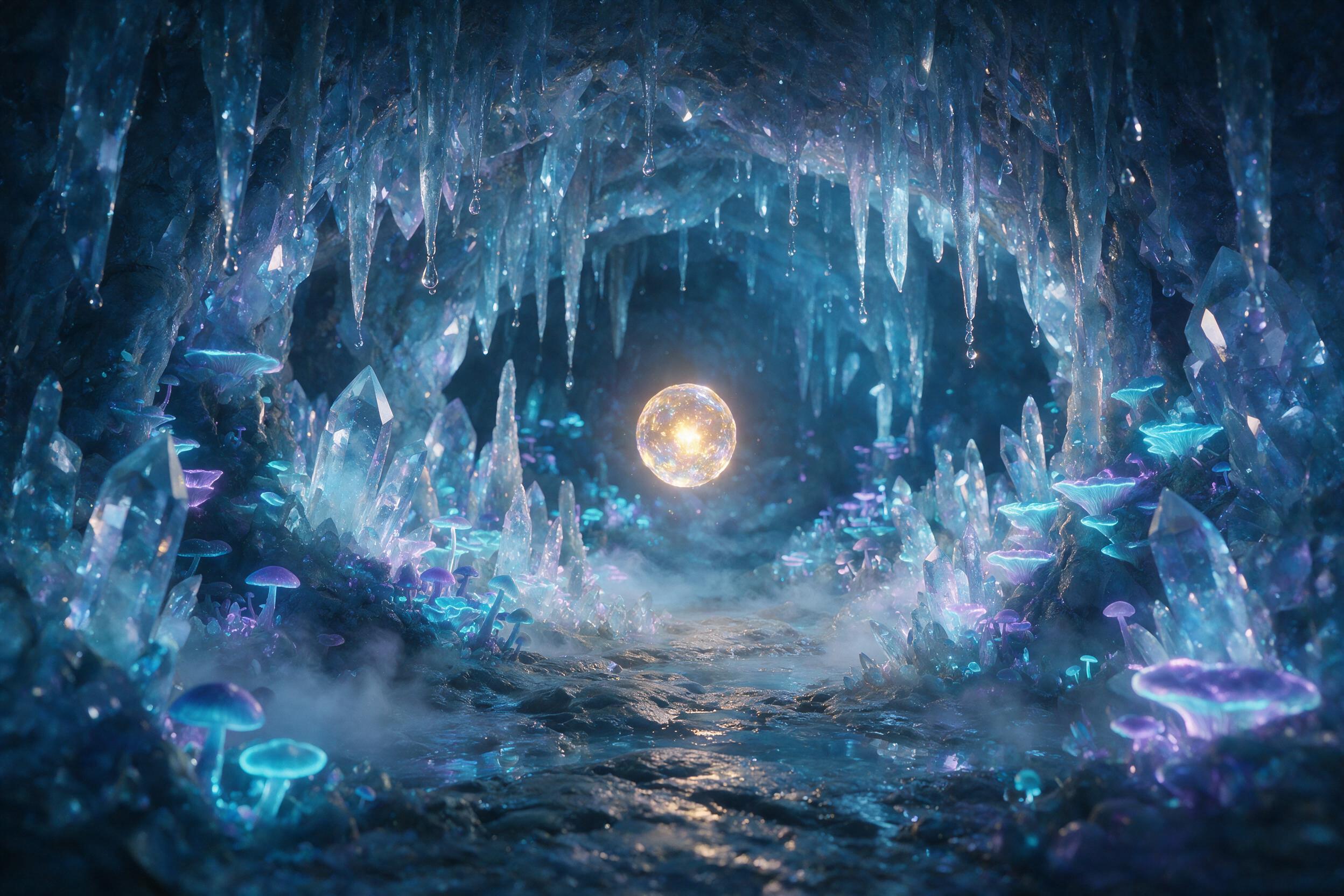 A luminous crystal cave deep underground, bioluminescent fungi glowing in soft blue and purple hues, a small floating orb of light casting gentle shadows, water droplets on stalactites reflecting the glow, moody atmosphere with mist swirling near the ground
