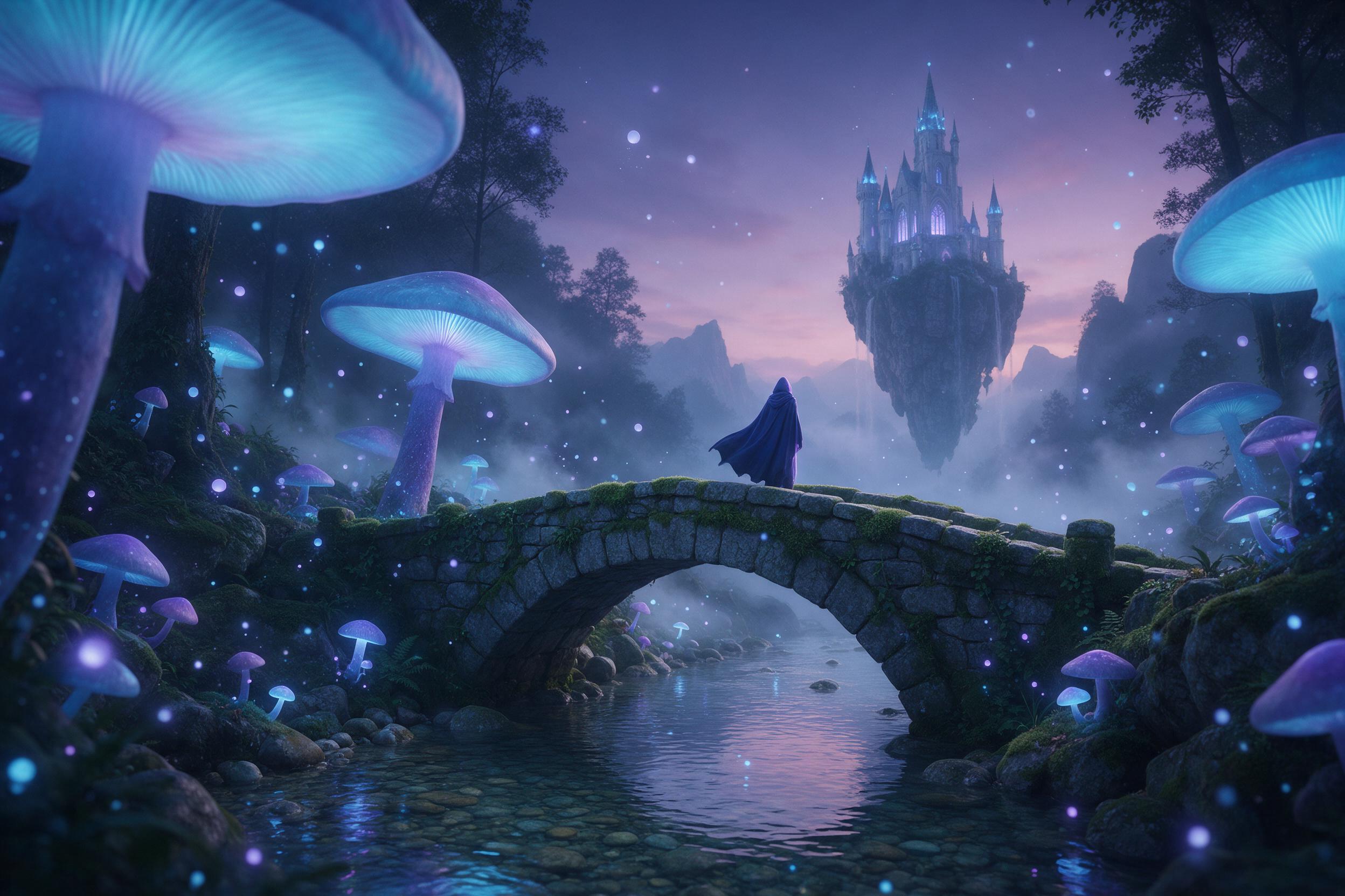 A misty twilight forest where giant bioluminescent mushrooms glow in soft blue and violet, their spores drifting like fireflies through the air. A lone figure in a flowing cloak stands on a mossy stone bridge over a crystal-clear stream, gazing at a distant castle perched on a floating rock. Soft vo