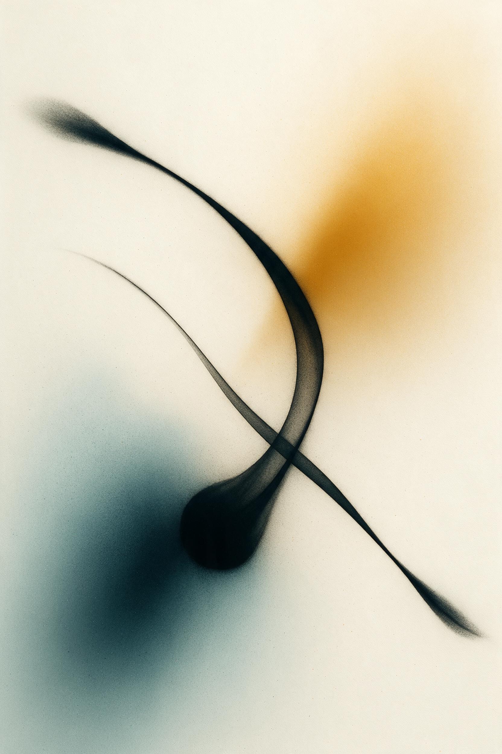 A minimalist abstract composition: flowing ink-like black curves interweaving with warm amber and deep teal gradients on a matte canvas. Soft diffused studio light casts gentle shadows, highlighting subtle texture. Grain adds tactile depth, no harsh lines, calm and balanced.