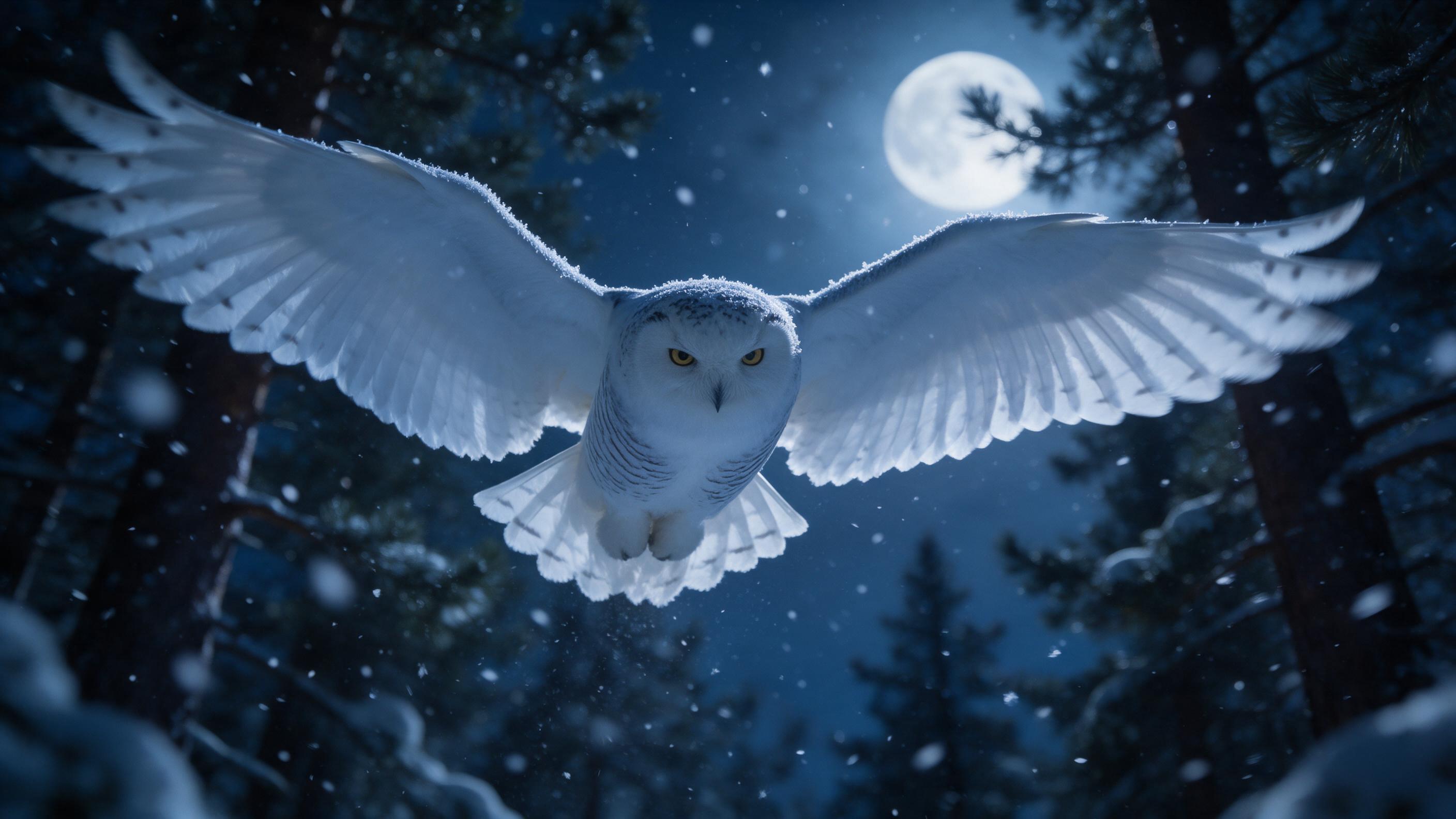 A snowy owl gliding silently over a moonlit pine forest, wings spread wide catching the cool blue light, feathers detailed with soft frost, falling snowflakes blurred in foreground, low-angle shot emphasizing its sharp gaze, natural winter atmosphere, slight grain and subtle motion blur in wingtips,