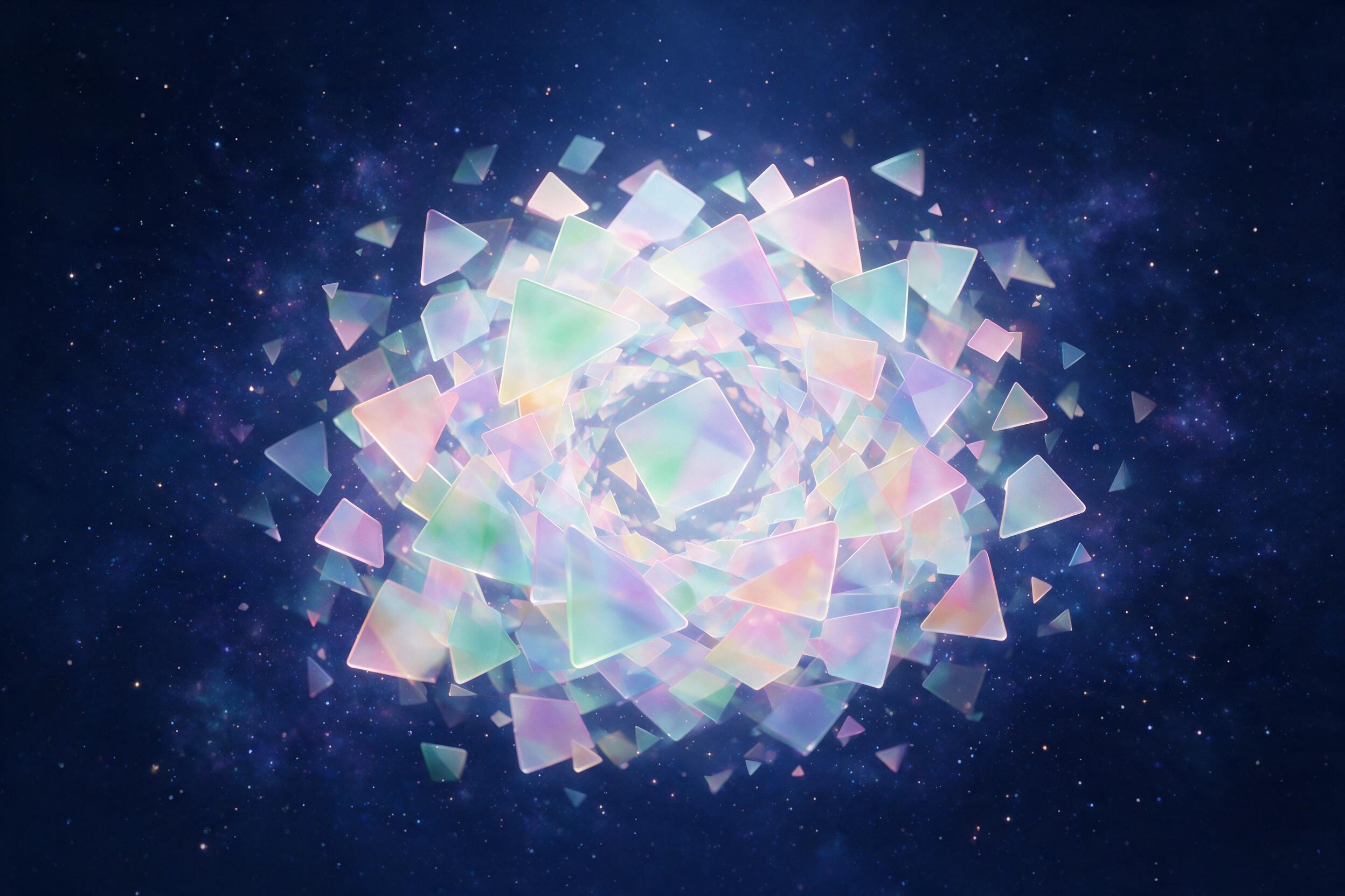 A swirling vortex of translucent geometric shapes, overlapping triangles and hexagons in pastel gradients, floating in a deep indigo void, soft diffused light from above, creating a sense of motion and depth, minimalist composition
