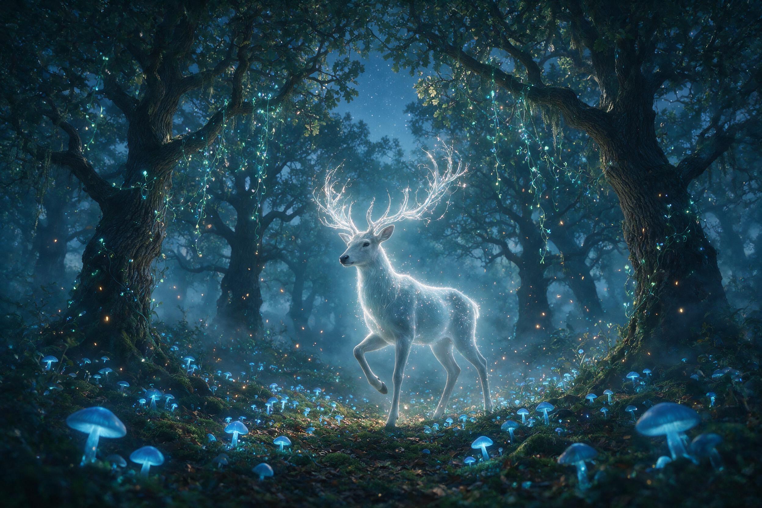 A misty twilight forest with glowing blue mushrooms carpeting the ground, an ethereal silver stag with antlers of light steps through a veil of floating embers, soft bioluminescent vines hanging from ancient oaks, deep shadows and cool blue-green tones, dappled light filtering through the canopy, my