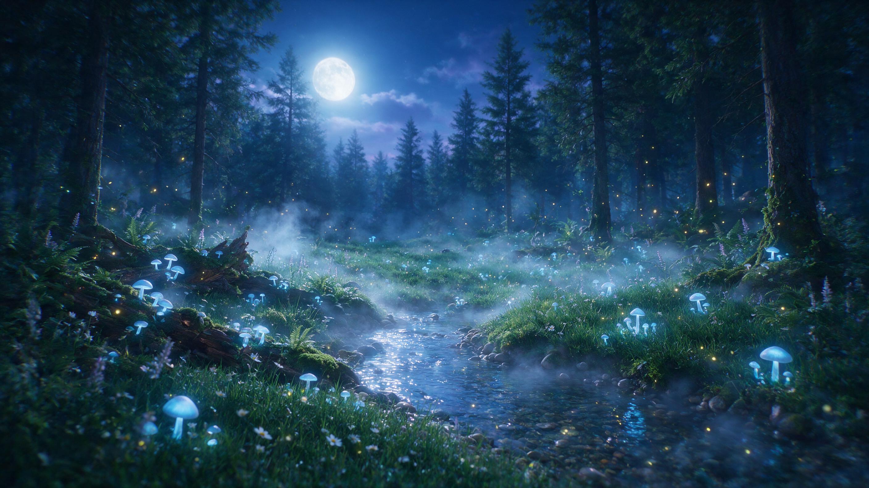 A moonlit forest glade with glowing mushrooms and fireflies, a gentle mist rising from a small stream, soft blue and purple hues, ethereal atmosphere, slight camera shake for a dreamy effect, no humans or animals
