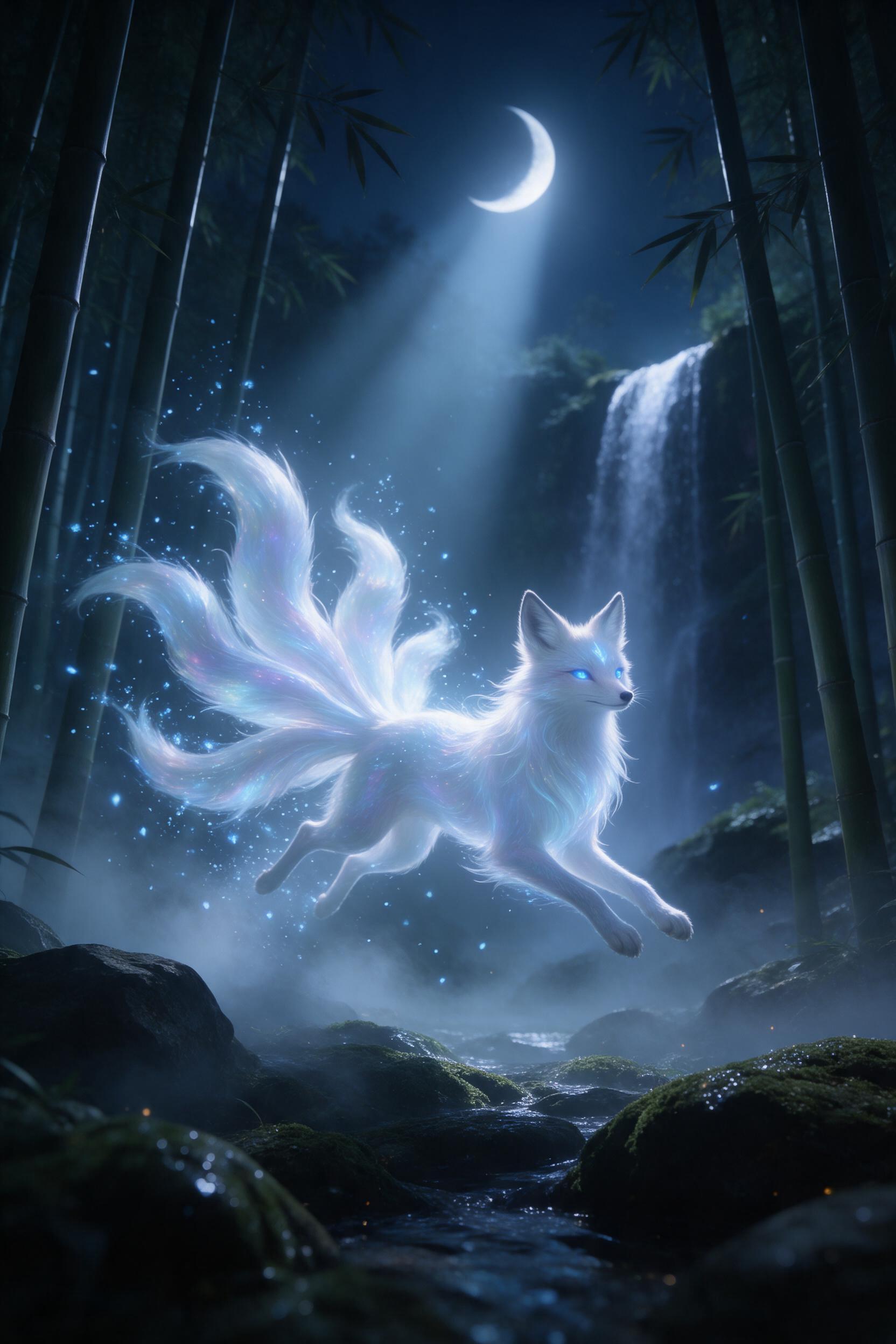 A luminous spirit fox with iridescent fur glides through a moonlit bamboo grove, its nine tails scattering glowing blue spores. Mist curls low over mossy stones; a waterfall cascades in the background. Composition: low-angle shot, creature centered, soft volumetric light from a crescent moon, cool t