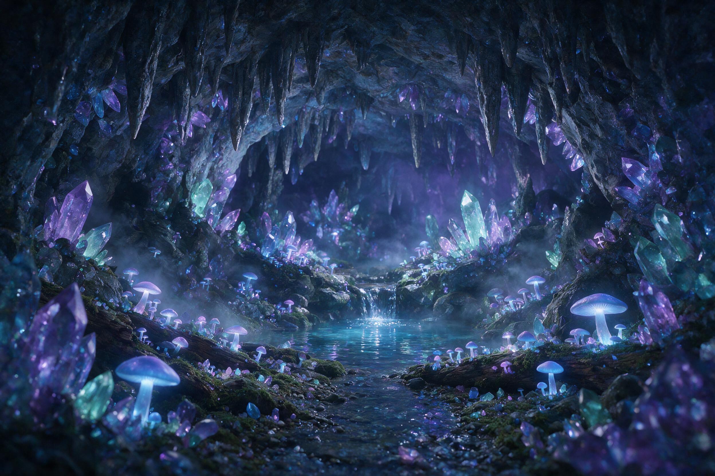 A luminous crystal cave deep underground, glowing mushrooms casting soft blue and purple light onto ancient stalactites, a small stream reflecting bioluminescent colors, subtle mist rising, ethereal atmosphere, cinematic composition, medium shot, natural lighting from the crystals