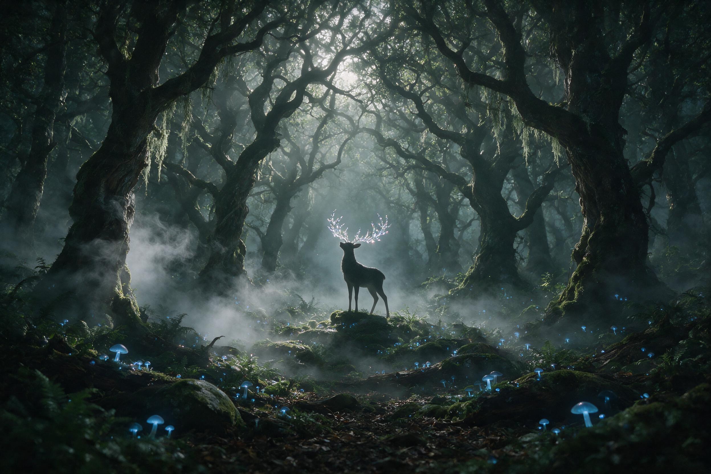 A moonlit ancient forest with glowing blue mushrooms and a silhouette of a deer with antlers made of shimmering crystal, mist swirling between twisted trees, soft ethereal light rays filtering through canopy, shallow depth of field, muted greens and silvers, mysterious serene atmosphere.