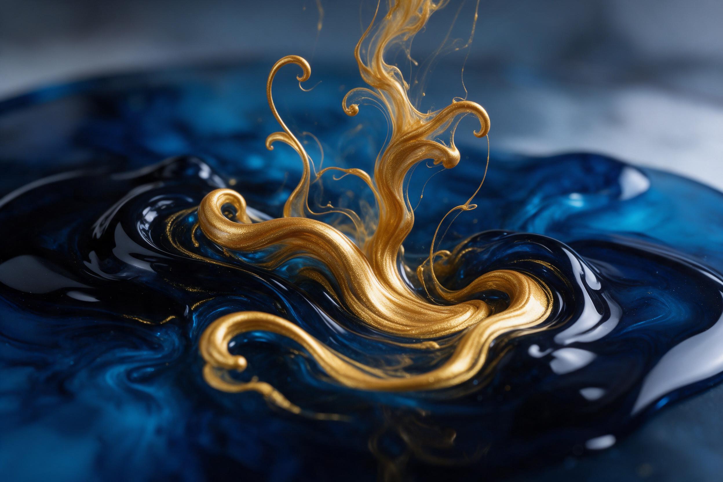 Fluid golden ink swirling through deep sapphire resin, forming organic tentacle-like curves, macro lens close-up, soft studio lighting, reflections on glossy surface, subtle gradient from obsidian black to electric cyan, minimalist composition, slight bokeh background, no text