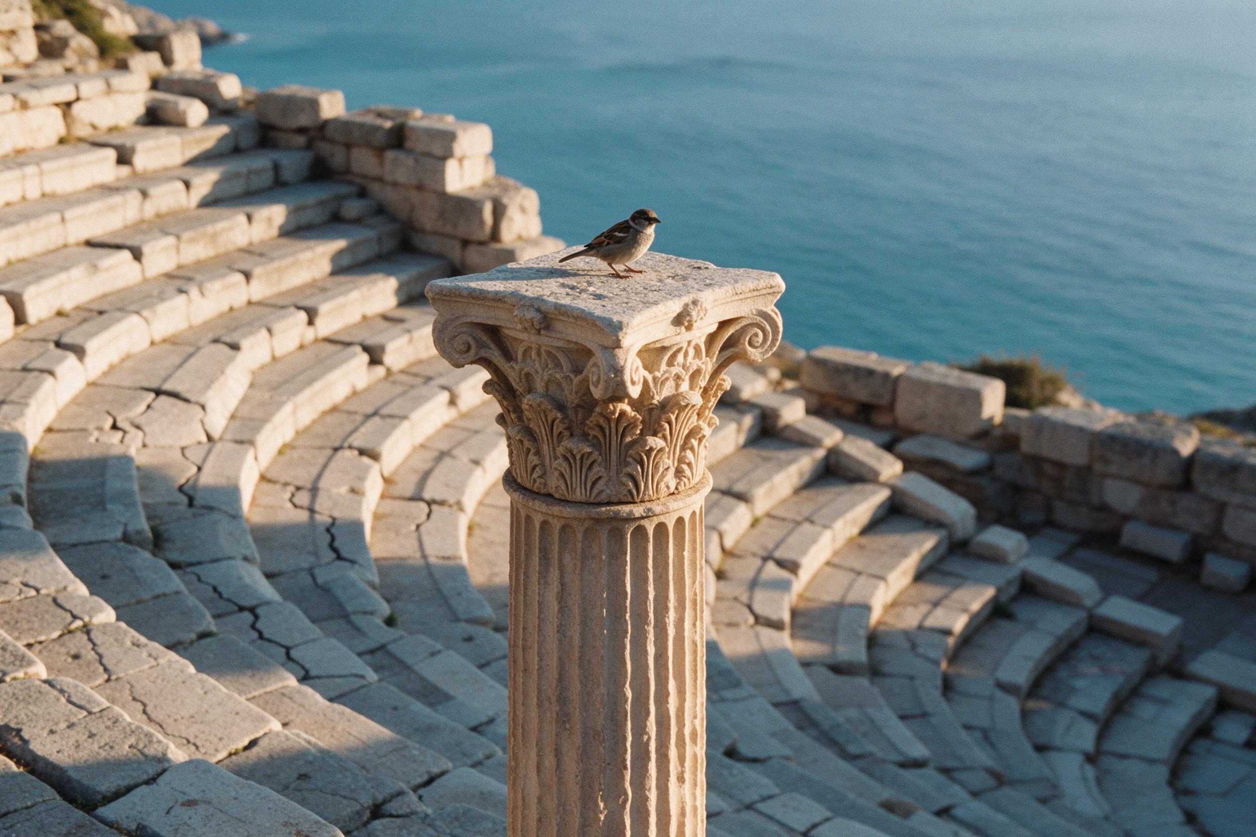 Sunlit ancient stone amphitheater ruins overlooking a turquoise Aegean sea, close-up of a weathered Corinthian column with a sparrow perched atop, golden hour shadows across cracked steps, soft film grain on 35mm lens