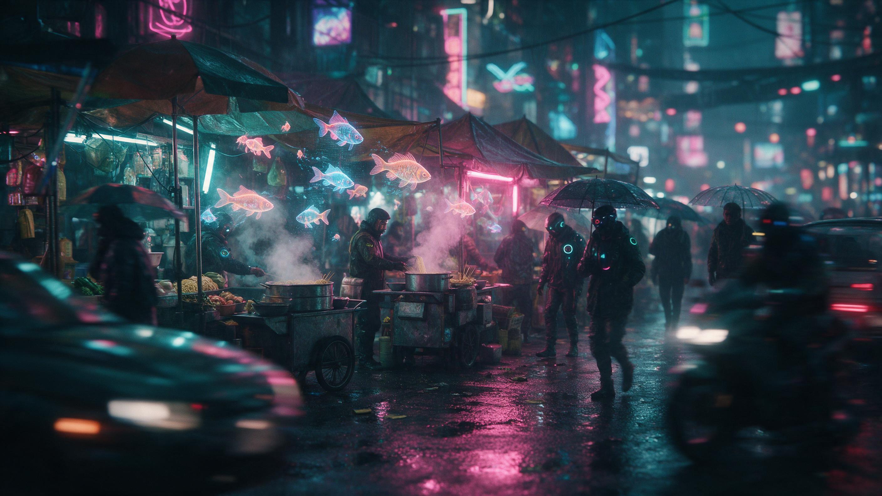 A neon-lit cyberpunk street market in rain, holographic fish floating above stalls, steam rising from noodle carts, wet asphalt reflecting pink and cyan lights, pedestrians in high-tech gear with umbrellas, motion blur on passing vehicles, cinematic composition with shallow depth of field, gritty at
