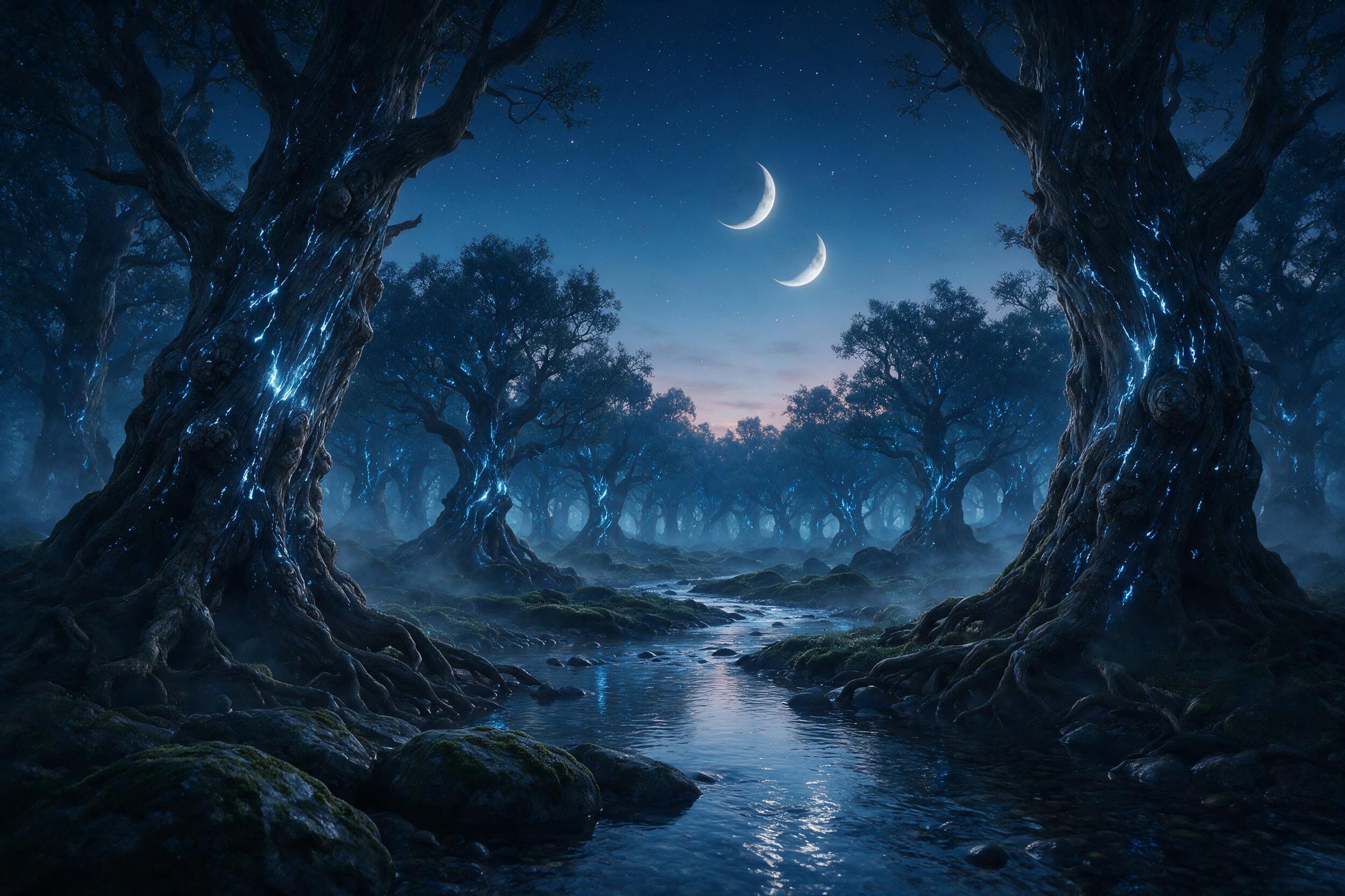 A luminous forest glade at twilight with ancient gnarled trees whose bark glows with soft blue bioluminescent patterns. A crystal-clear stream meanders through moss-covered rocks, reflecting the ethereal light of two pale crescent moons hanging in a star-speckled sky. Gentle mist swirls around the u