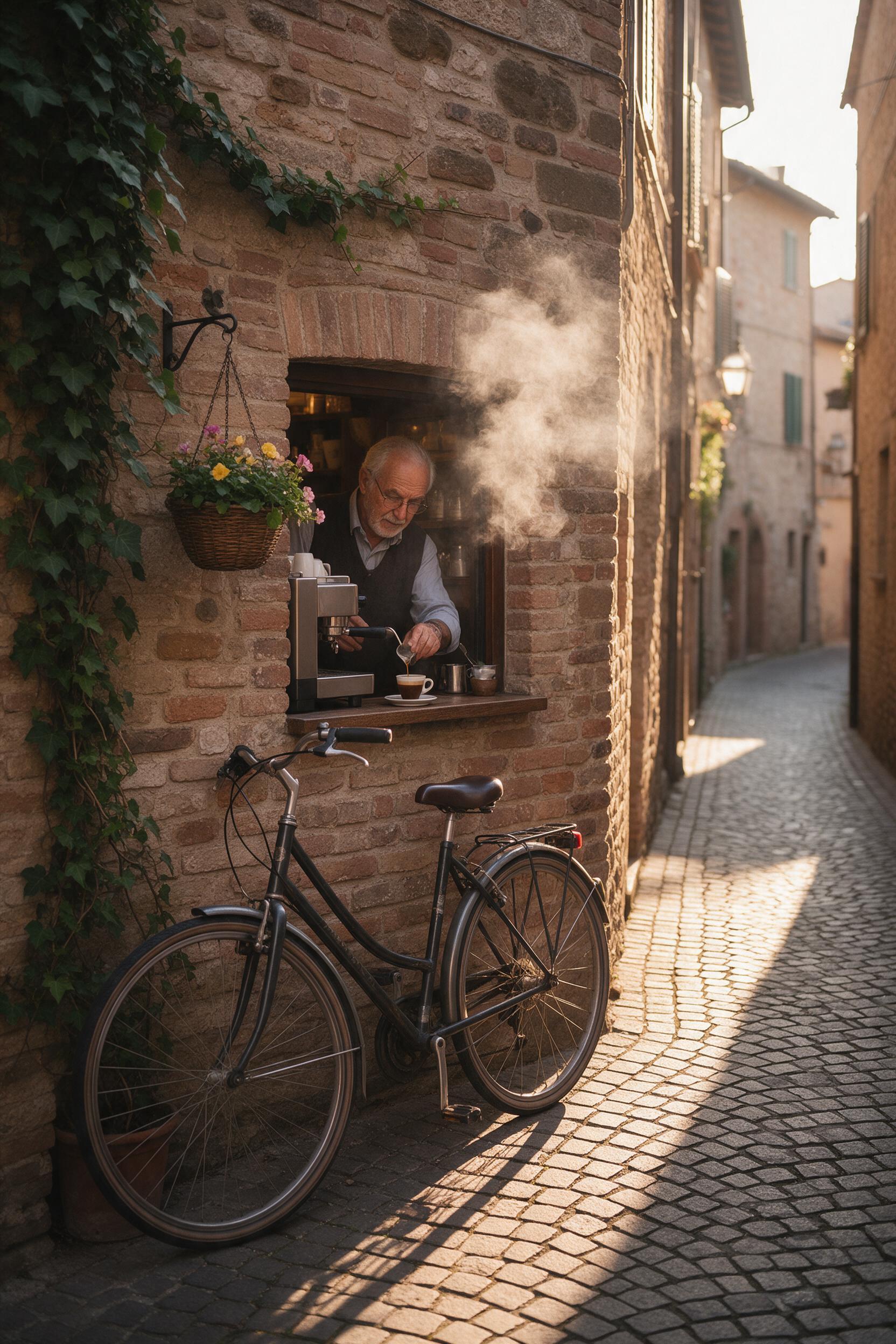 Golden hour spills through a narrow alley in a historic European town, casting long shadows on cobblestones. A bicycle leans against a rustic brick wall, flanked by trailing ivy and a hanging flower basket. Steam rises from a tiny café window, where an elderly barista pours espresso. Warm, soft ligh