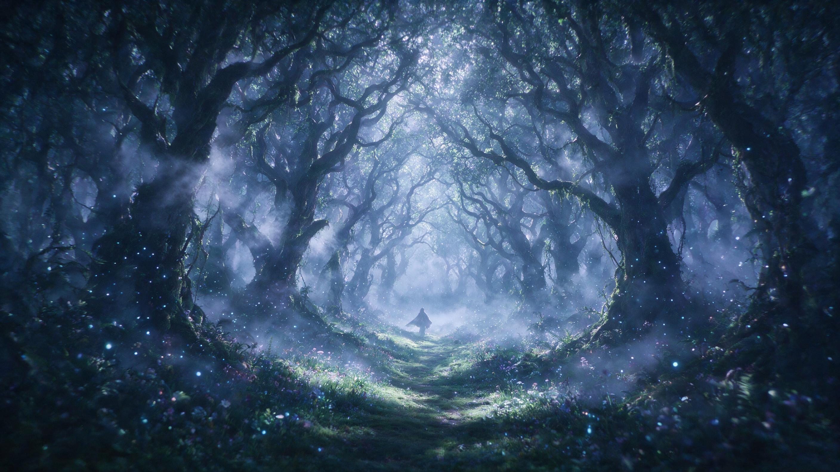 A luminous moonlit forest with bioluminescent mushrooms and glowing fireflies, mist swirling between ancient trees, a lone figure in a flowing cloak stands on a mossy path, soft blue and purple hues, ethereal atmosphere, dreamlike, gentle fog, slight camera shake, natural lighting, high contrast, my