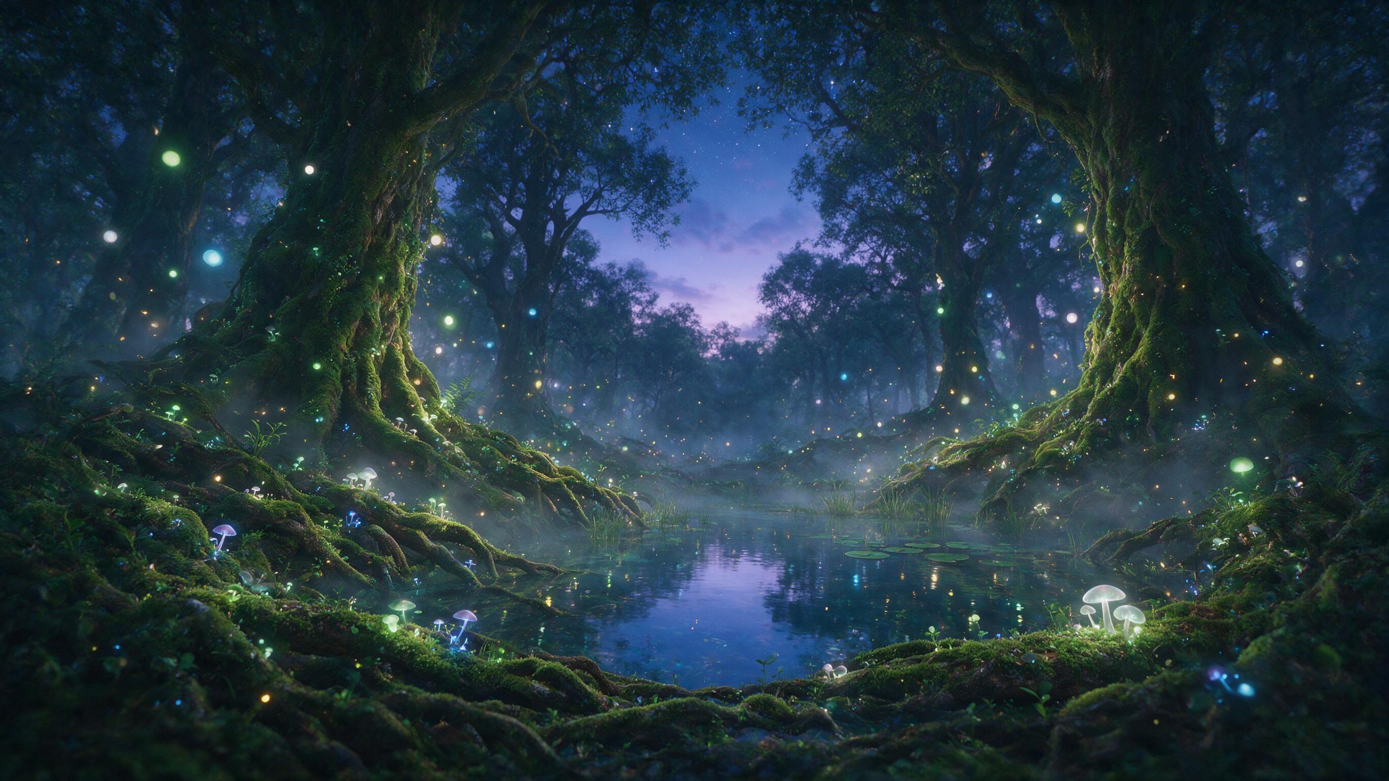 A luminous forest at twilight, bioluminescent mushrooms and floating glowing orbs, ancient moss-covered tree roots twisting into a clear pond, soft mist rising, fireflies dancing, deep blue and violet sky, ethereal cinematic lighting with gentle haze, shallow depth of field, slight grain, whispering