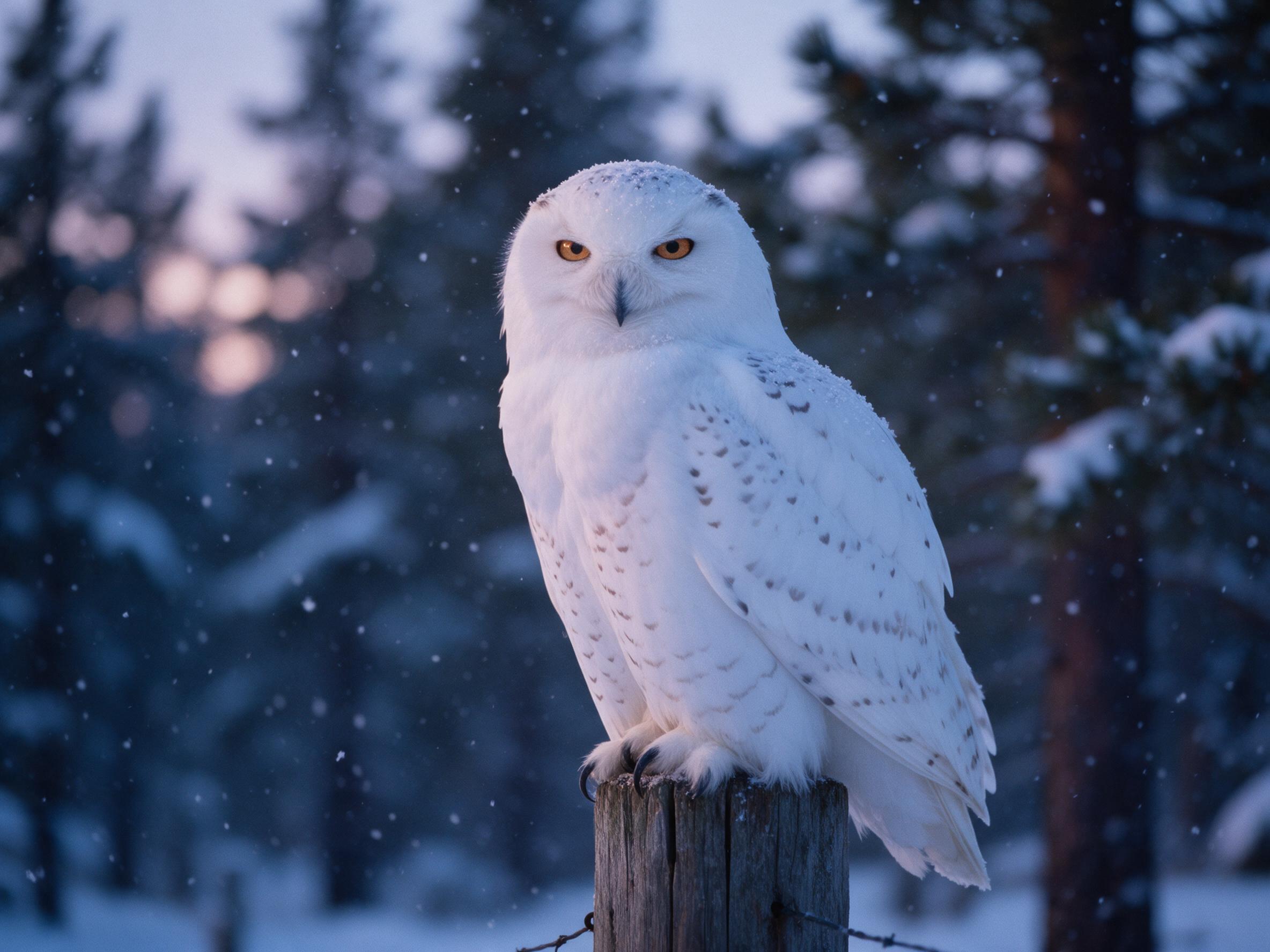 A majestic snowy owl perched on a weathered wooden fence post during a soft blue-hour snowfall, its amber eyes sharp and focused, feathers dusted with fine snowflakes, shallow depth of field with a blurred pine forest background, gentle diffused twilight glow reflecting off the snow, subtle film gra