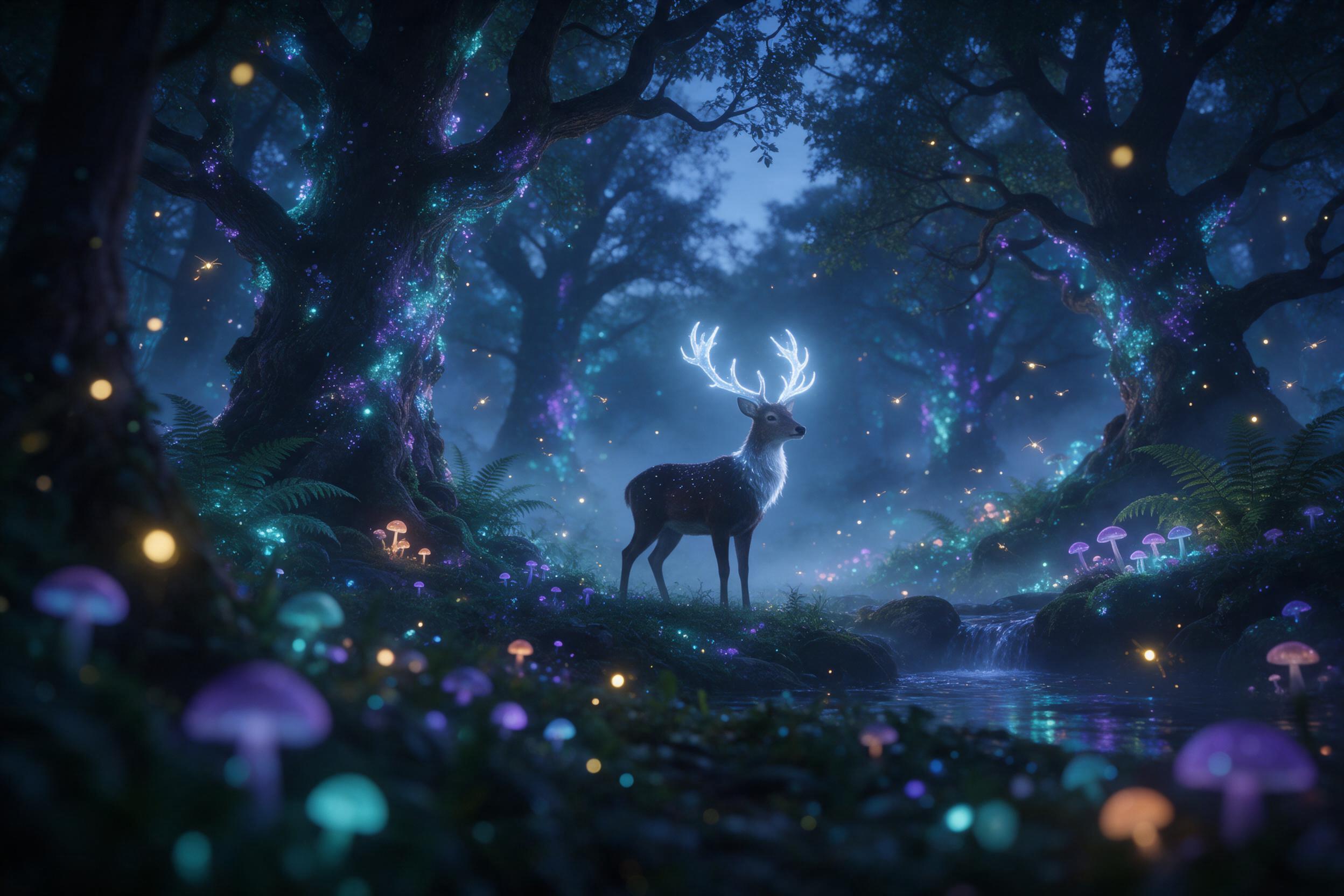 A tranquil bioluminescent forest at twilight, ferns and ancient oaks glowing with soft teal and violet light, a silent deer with luminous white antlers standing in a misty clearing, fireflies trailing golden sparks, cool blue ambient light, shallow depth of field, ethereal and dreamlike atmosphere