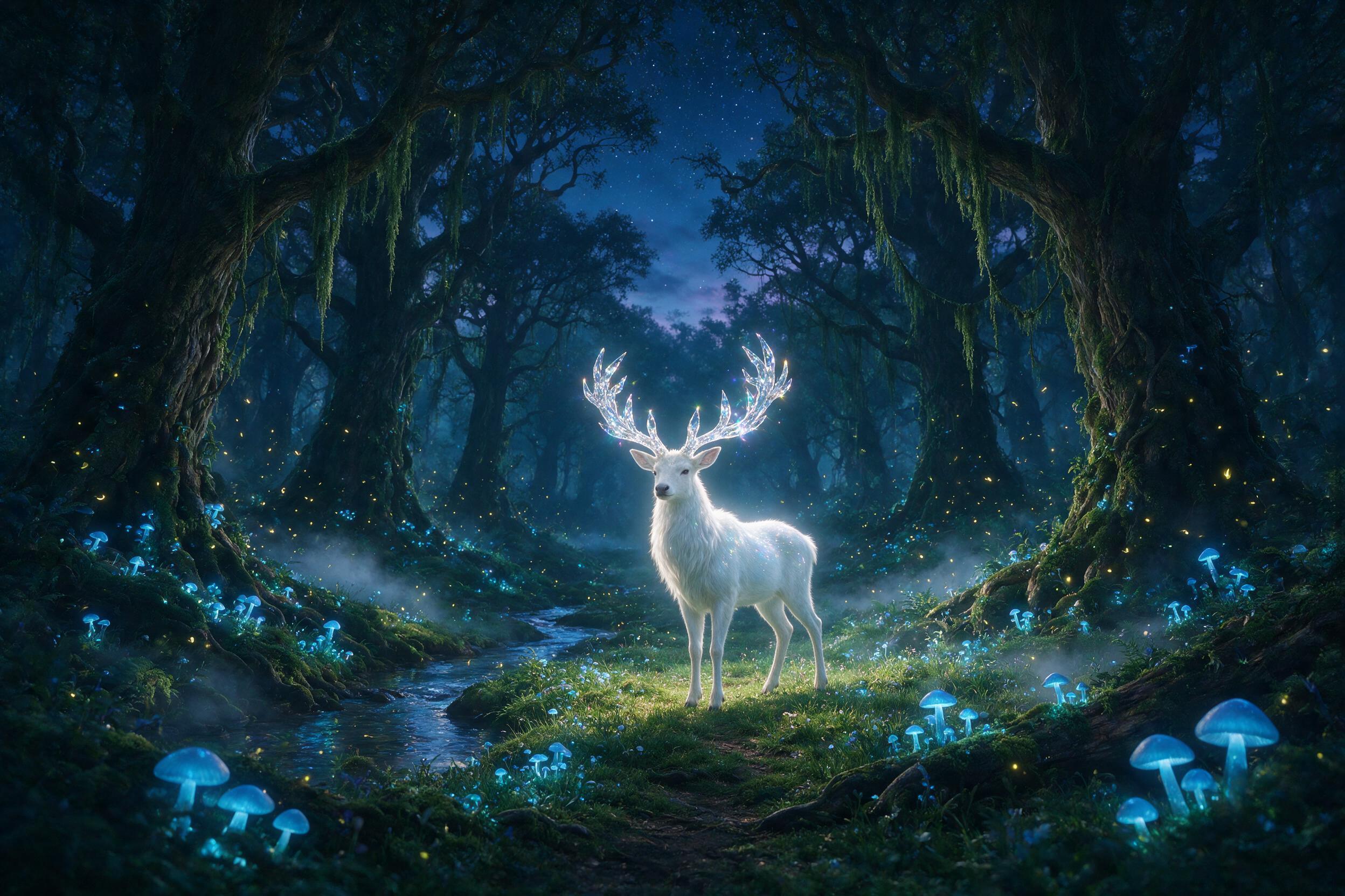 A glowing, bioluminescent forest at twilight, with ancient, gnarled trees draped in hanging moss and luminous blue mushrooms. A single, ethereal, white stag with antlers like crystal stands in a clearing, its gaze soft. Soft mist rolls across the ground, and delicate fireflies dance in the air. The 