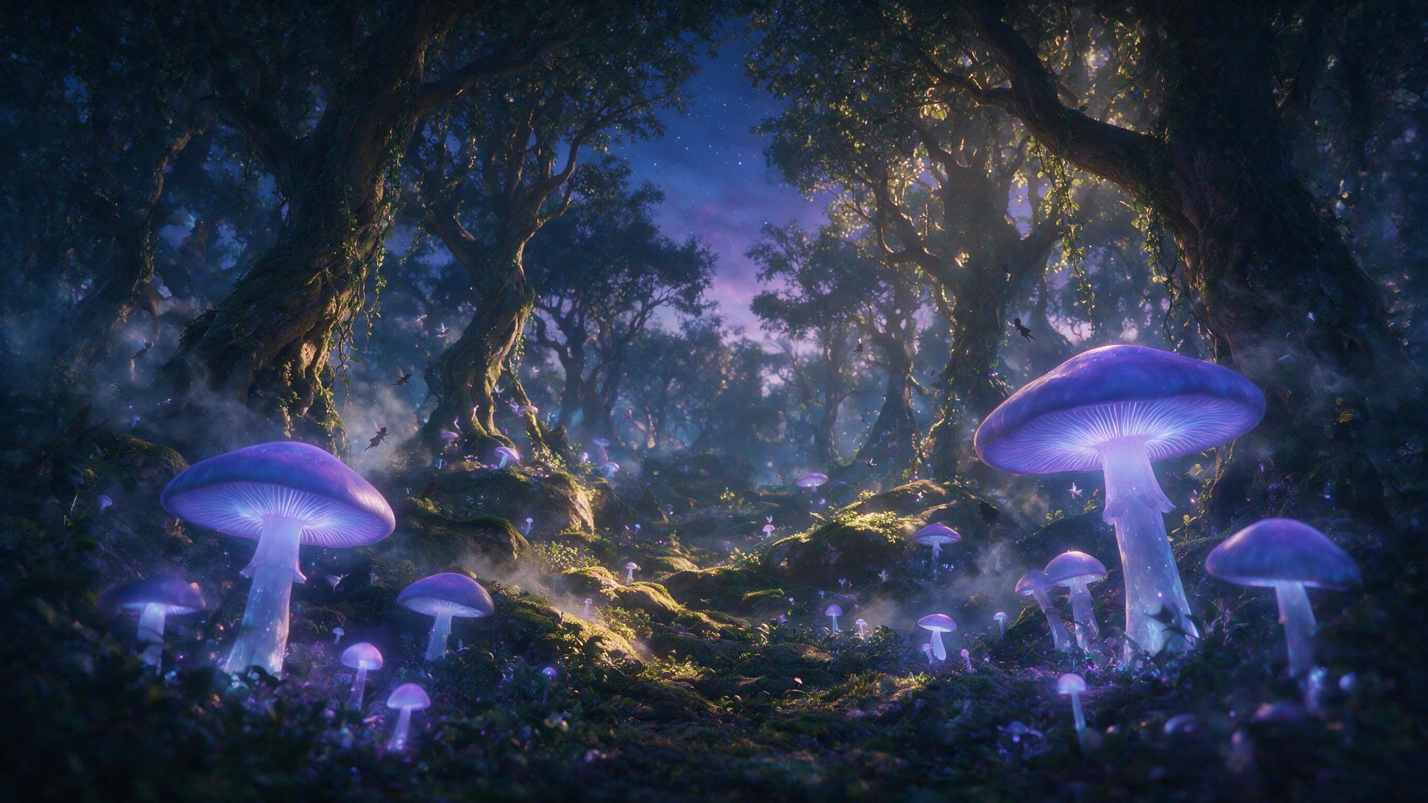 Enchanted forest at twilight, massive bioluminescent mushrooms glowing in violet and blue hues, tiny fairy silhouettes flitting between gnarled ancient trees, ethereal mist curling around mossy stones, warm golden light filtering through canopy, dreamy atmosphere, shallow depth of field, soft focus 