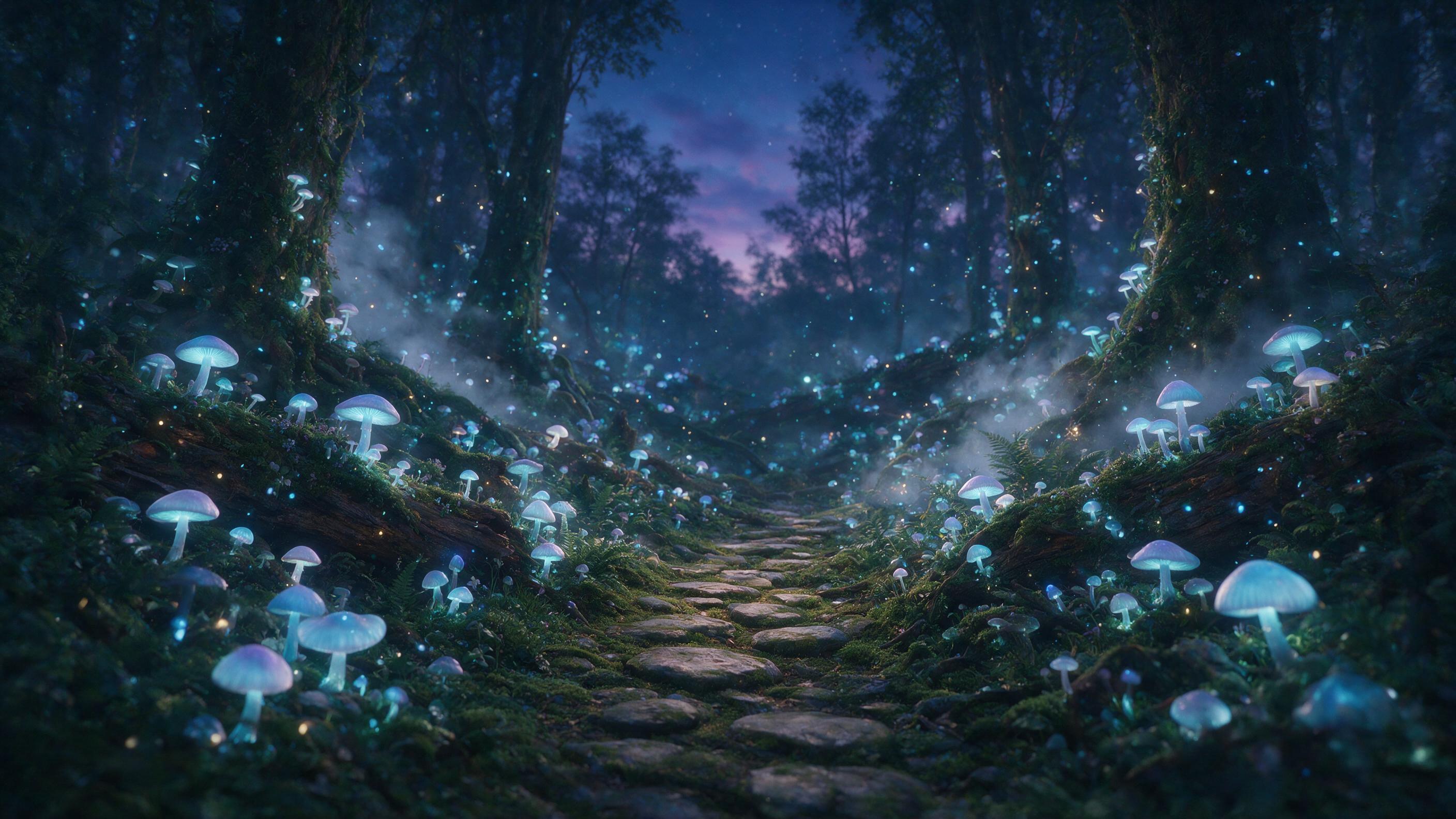 A glowing, bioluminescent mushroom forest at twilight, with soft blue and purple light emanating from the fungi, tiny floating spores like fireflies, a winding path of mossy stones, mist weaving through ancient tree roots, serene and magical atmosphere, shallow depth of field, natural lighting from 