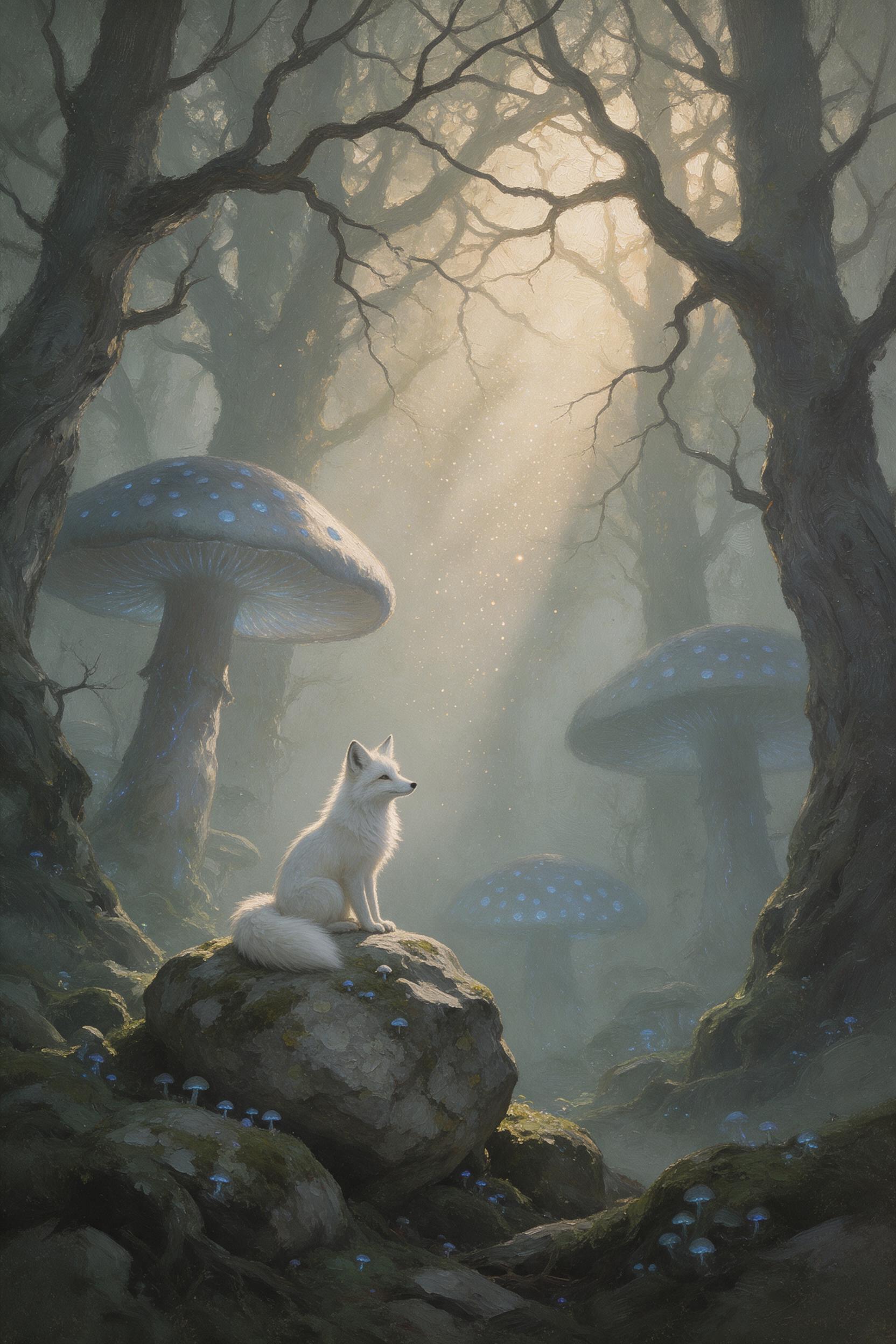 A misty ancient forest at dawn, colossal glowing mushrooms with bioluminescent blue spots, a small white fox with silver-tipped fur sitting on mossy stone, soft golden rays piercing through twisted branches, floating dust particles, ethereal atmosphere, painterly brushwork with visible strokes, mute