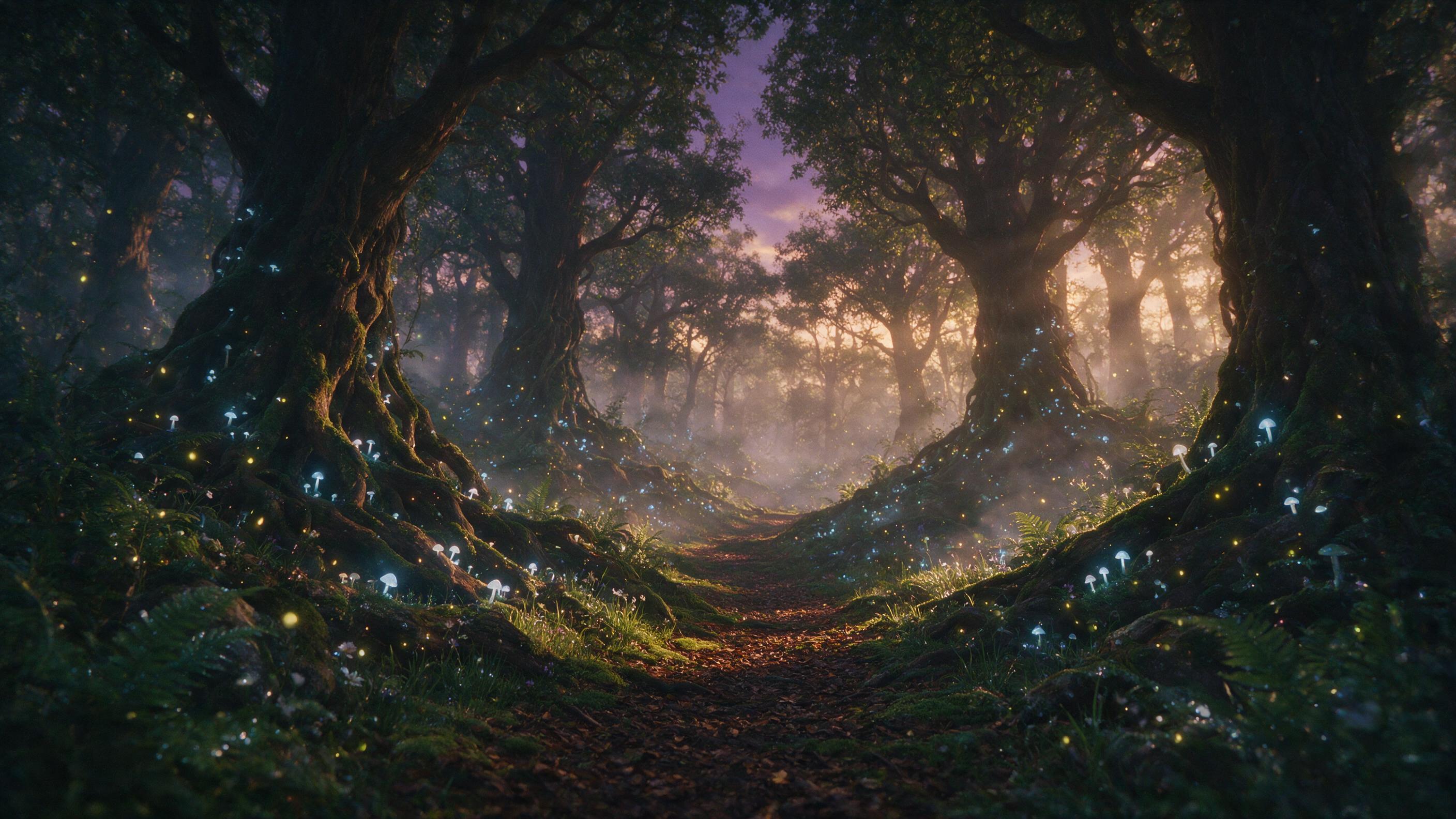 A mystical forest at twilight, glowing mushrooms and fireflies illuminating a winding path, ancient trees with twisted roots, soft fog drifting, ethereal light beams piercing through the canopy, cinematic composition with depth of field, slight grain and warm golden hues