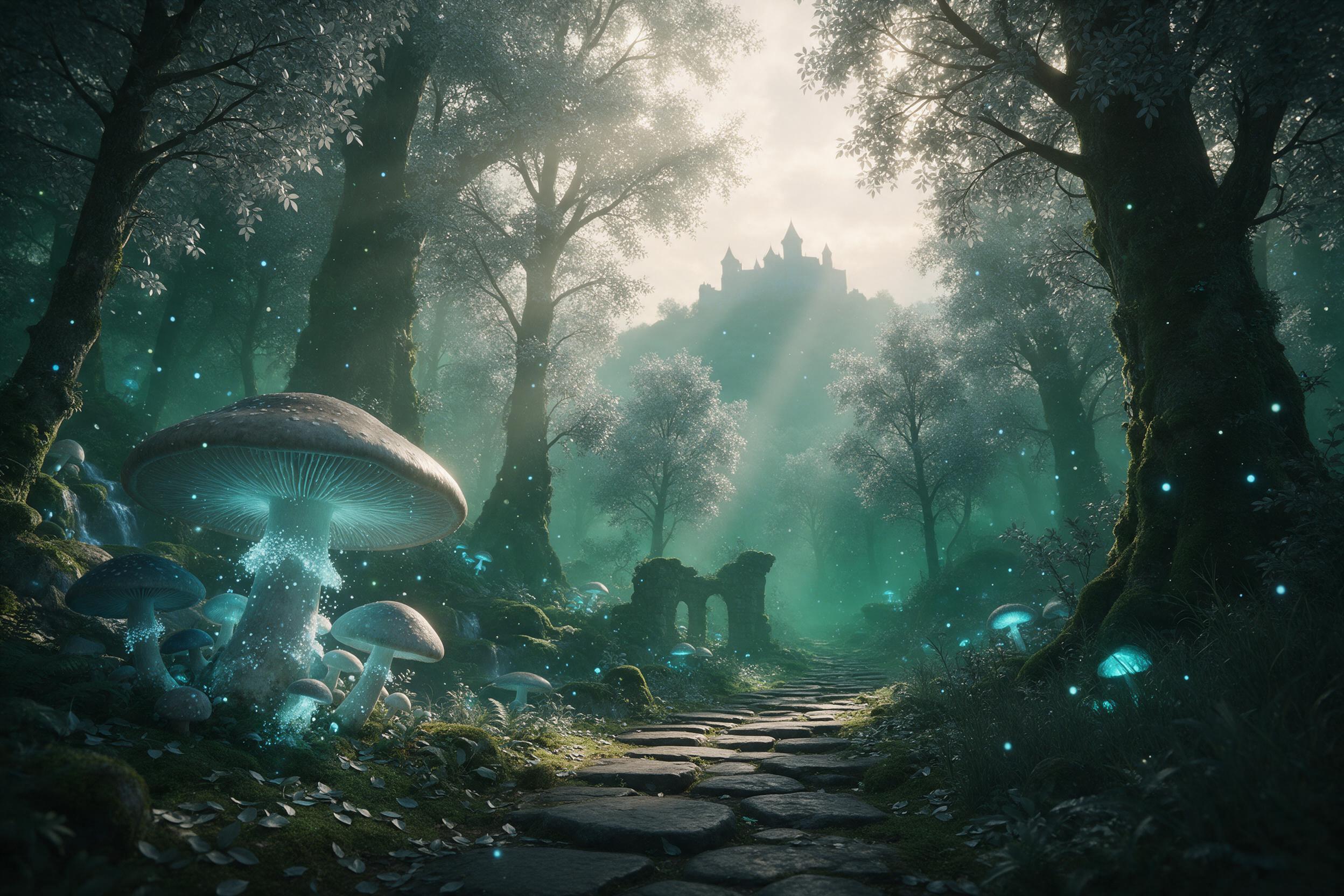 Misty ancient forest at dawn, colossal glowing mushroom clusters, bioluminescent spores floating in air, a winding stone path disappearing into emerald mist, towering mossy trees with silver leaves, soft ethereal light rays piercing canopy, distant castle silhouette on hill, surreal dreamlike atmosp