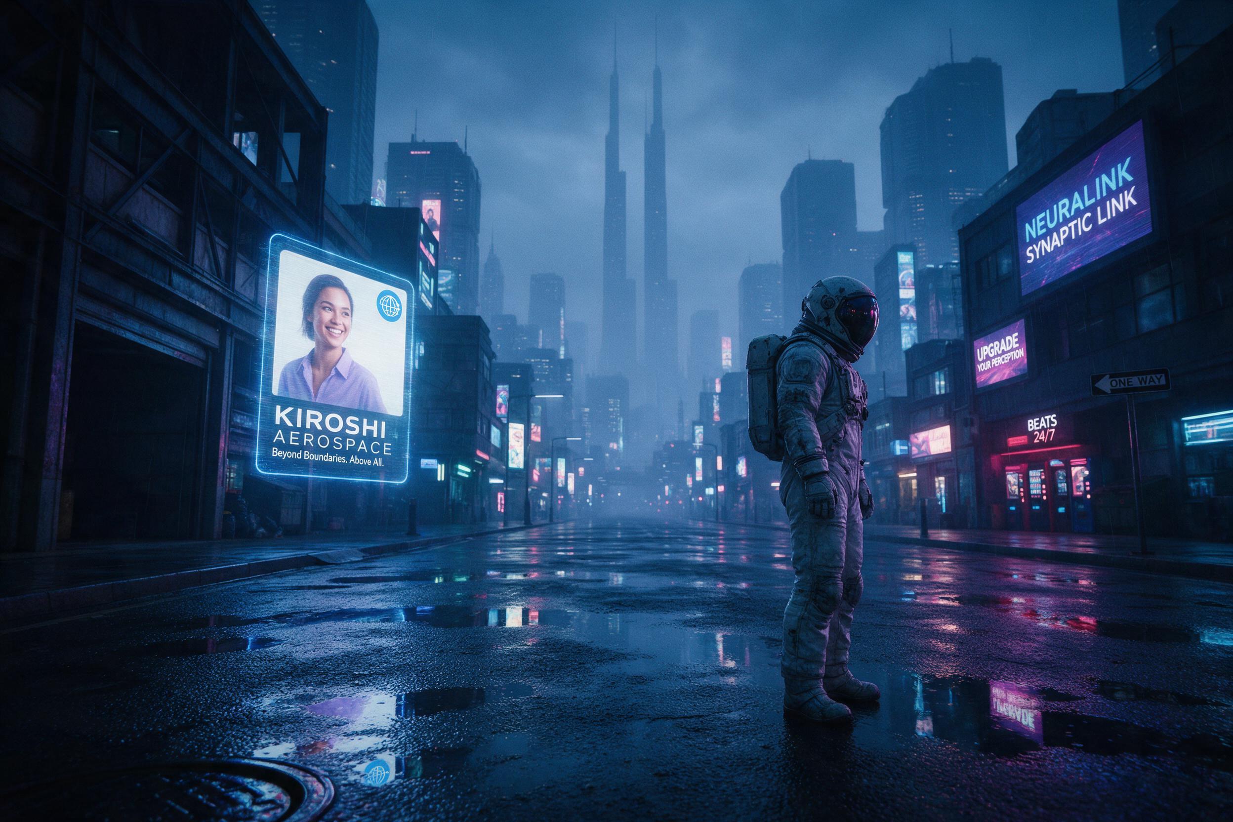 A lone astronaut stands on a rain-slicked neon-lit street, reflections of holographic advertisements rippling in puddles, distant towering megastructures fading into fog, moody cyberpunk atmosphere, cinematic wide shot, cold blue and magenta color palette