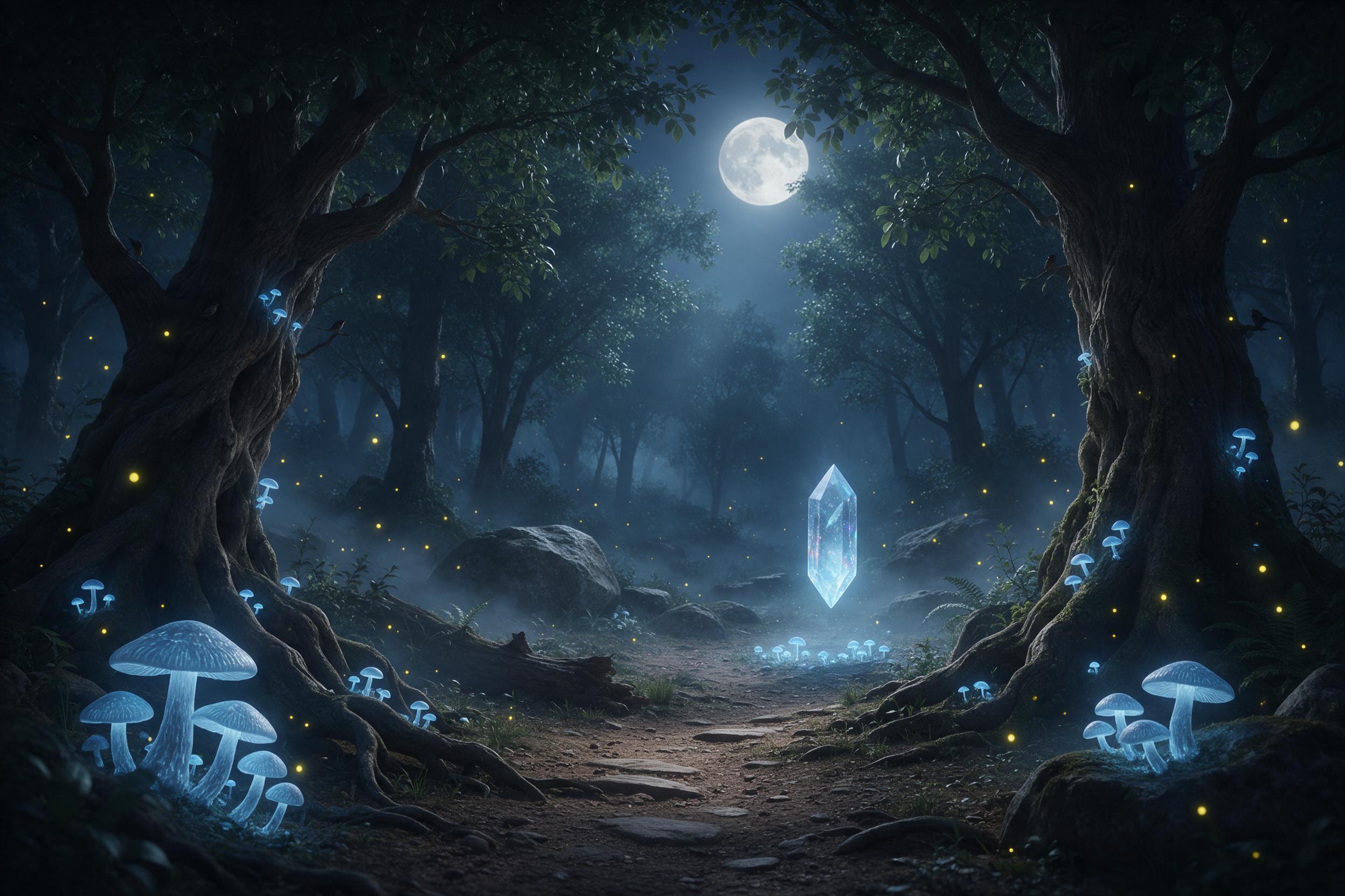 A moonlit forest clearing where ancient trees intertwine with glowing blue mushrooms, a misty path leads to a floating crystal, soft ethereal light filters through the canopy, fireflies scatter, cinematic depth, natural color palette, tranquil and magical.